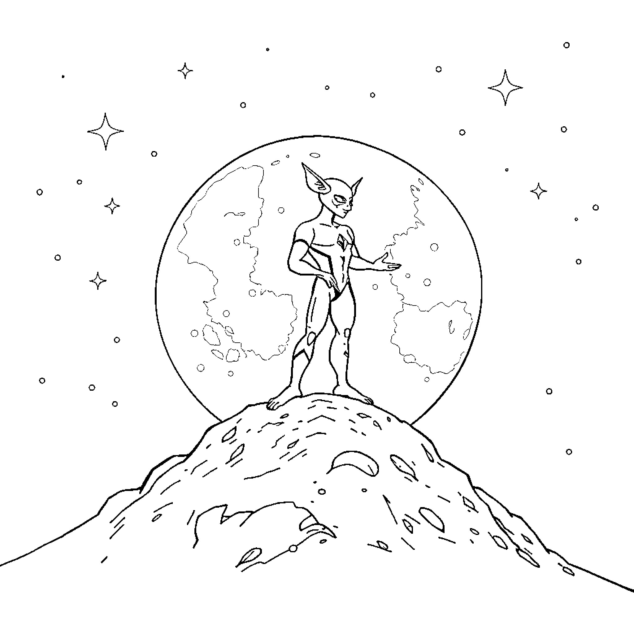 Sflash cosmic creature stands on a mountain Coloring Page (free black-and-white line drawing printable PDF for all, from beginners to advanced learners, including children, teens, adults, and seniors)