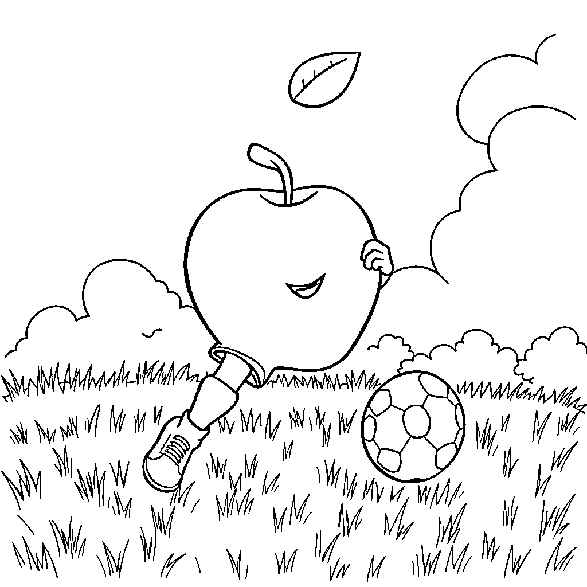 Football-themed cartoon apple playing with ball in field Coloring Page (free black-and-white line drawing printable PDF for all, from beginners to advanced learners, including children, teens, adults, and seniors)