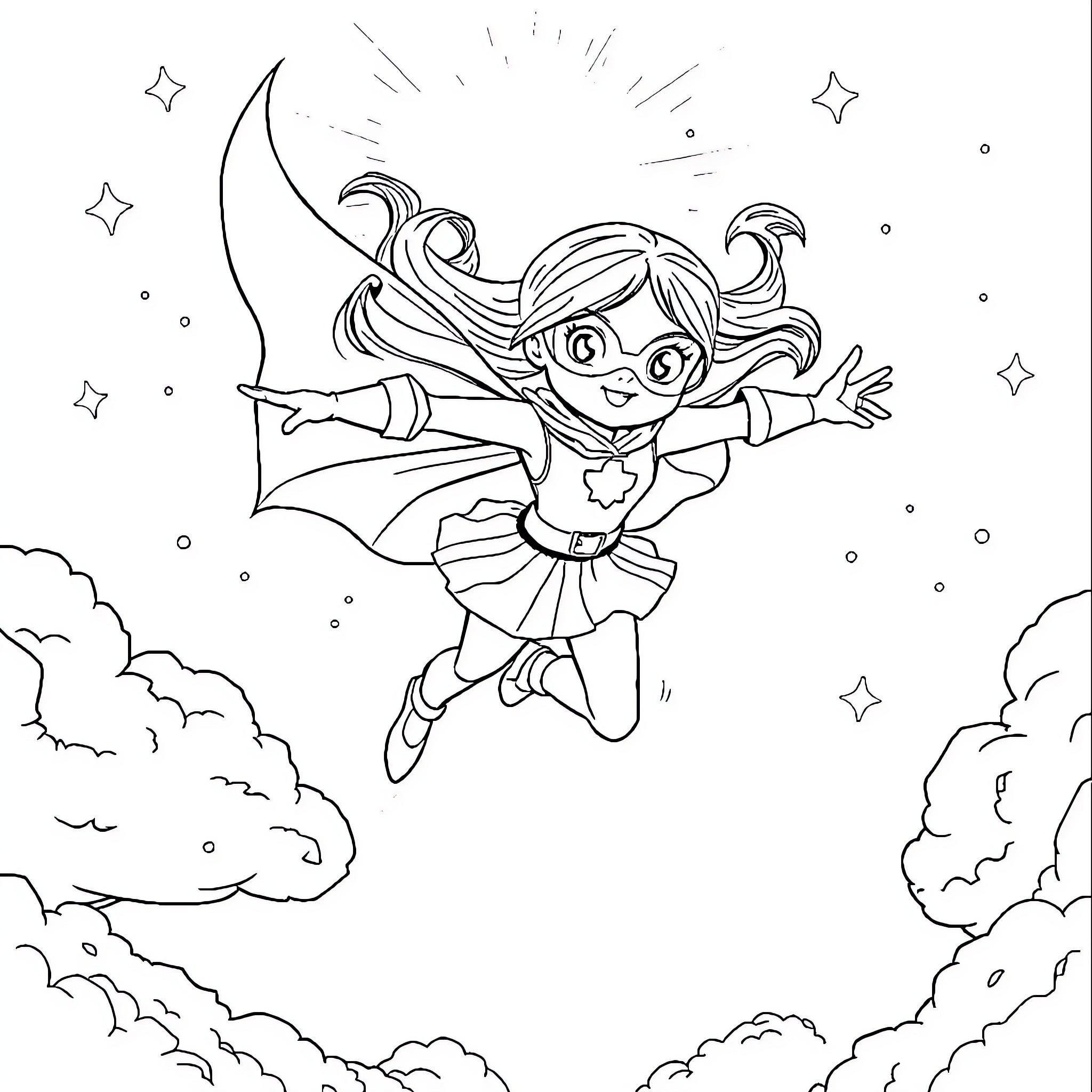 Bluey playing superhero in the starry night sky Coloring Page (free black-and-white line drawing printable PDF for all, from beginners to advanced learners, including children, teens, adults, and seniors)