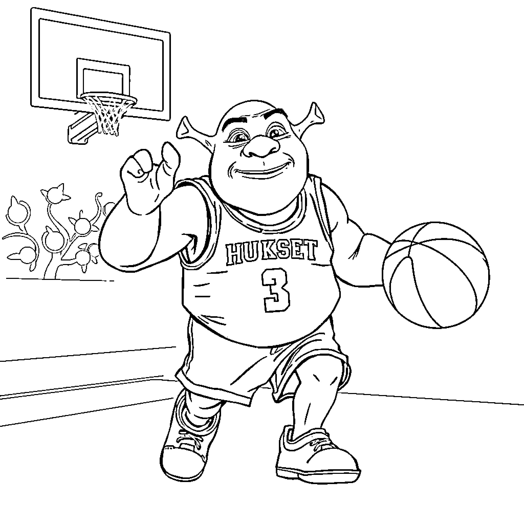 Shrek playing basketball with enthusiasm Coloring Page (free black-and-white line drawing printable PDF for all, from beginners to advanced learners, including children, teens, adults, and seniors)