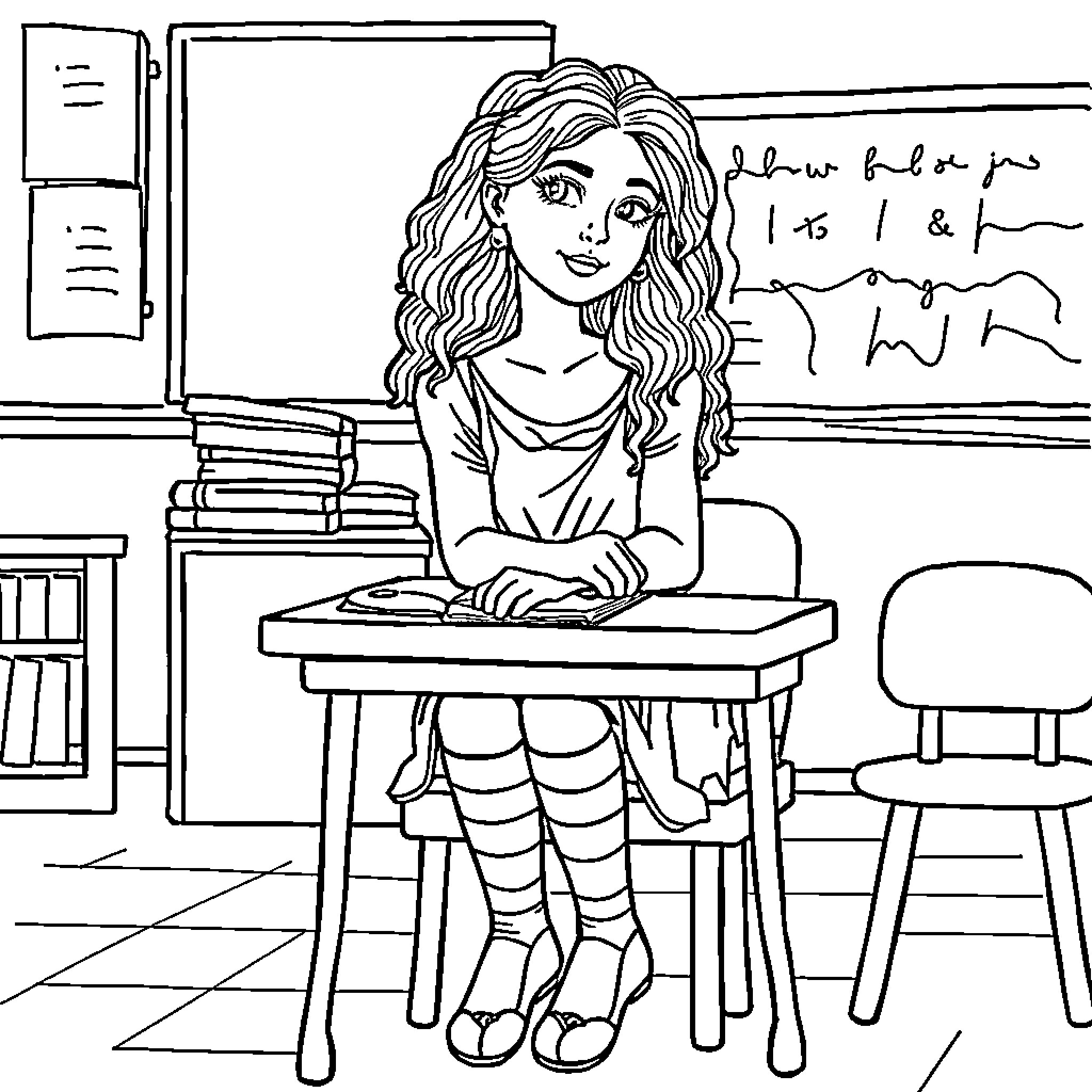 Sappho studying intently in the classroom Coloring Page (free black-and-white line drawing printable PDF for all, from beginners to advanced learners, including children, teens, adults, and seniors)