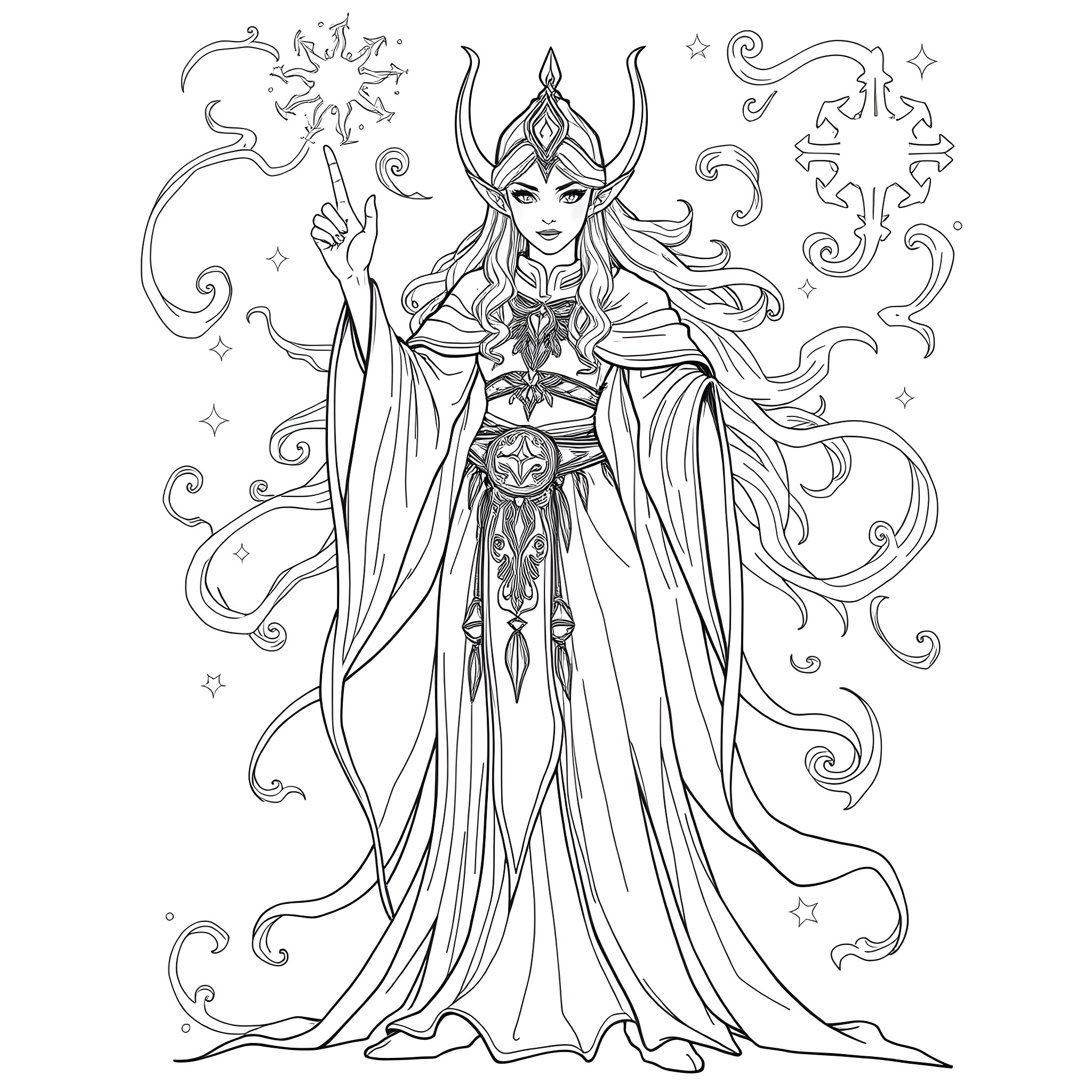 Elf queen in ceremonial attire with magical elements Coloring Page (free black-and-white line drawing printable PDF for all, from beginners to advanced learners, including children, teens, adults, and seniors)