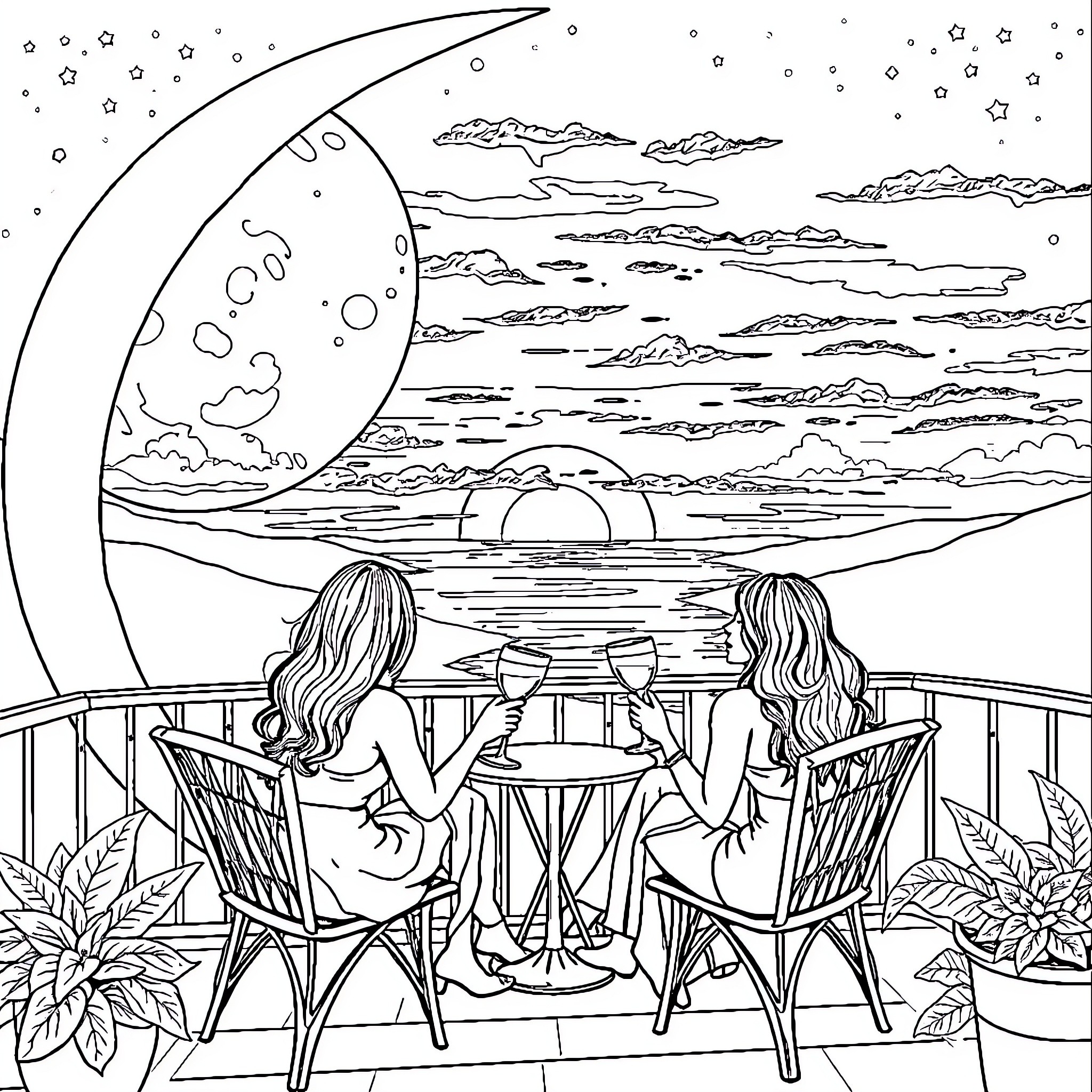 Balcony scene with friends enjoying the night sky Coloring Page (free black-and-white line drawing printable PDF for all, from beginners to advanced learners, including children, teens, adults, and seniors)