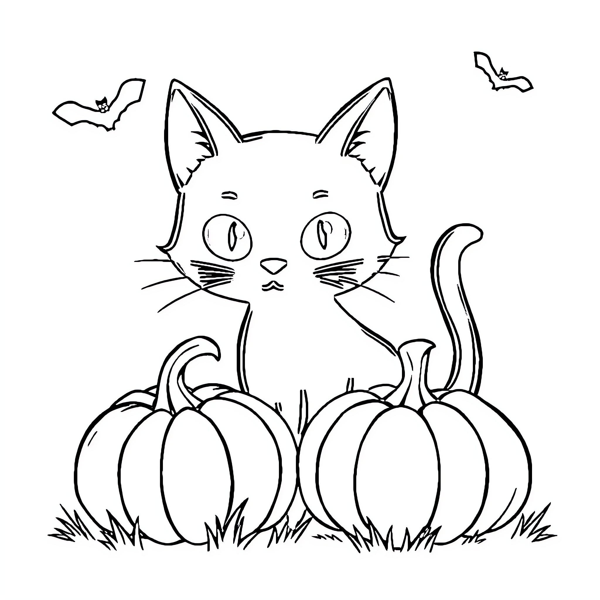 Cat with pumpkins and bats on Halloween Coloring Page (free black-and-white line drawing printable PDF for all, from beginners to advanced learners, including children, teens, adults, and seniors)