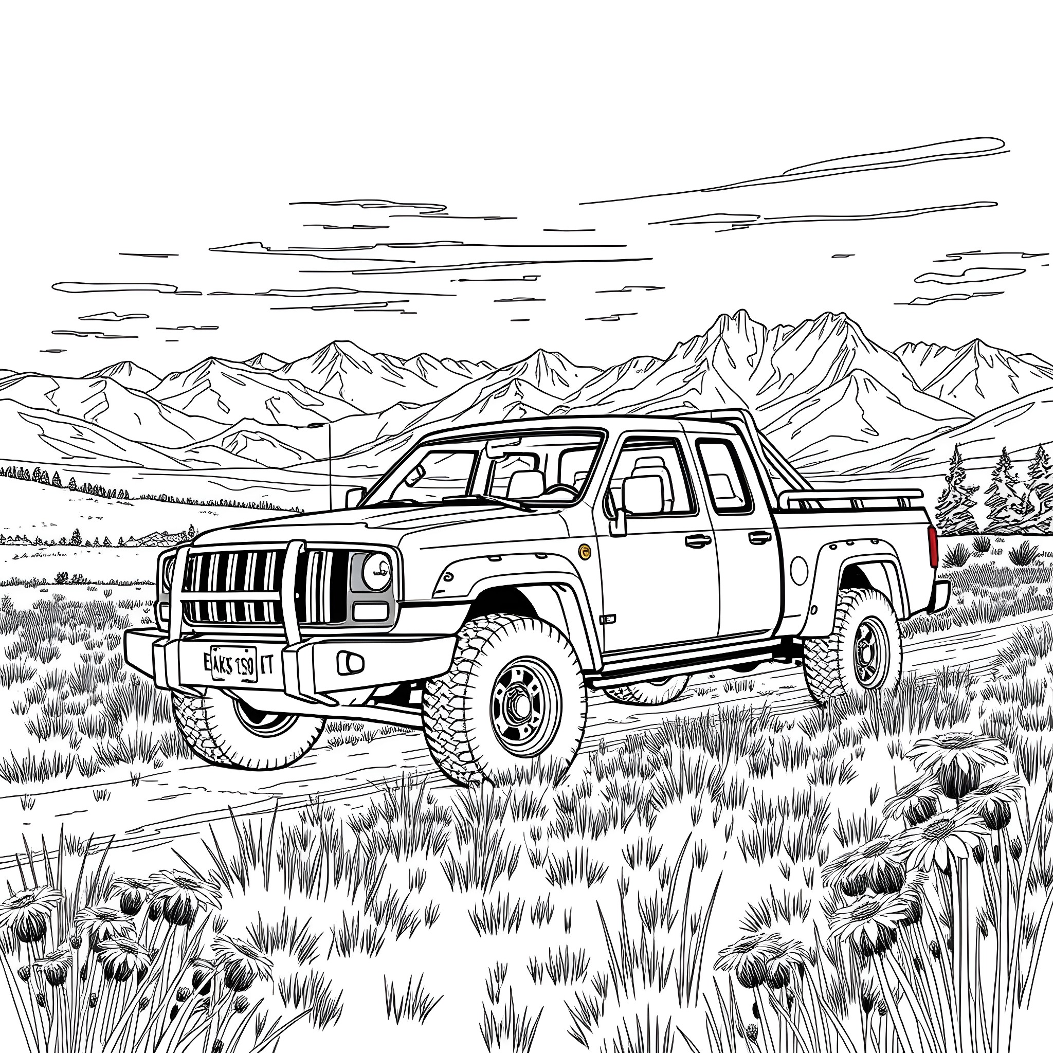Pick Up Truck Traversing Rocky Terrain Coloring Page (free black-and-white line drawing printable PDF for all, from beginners to advanced learners, including children, teens, adults, and seniors)