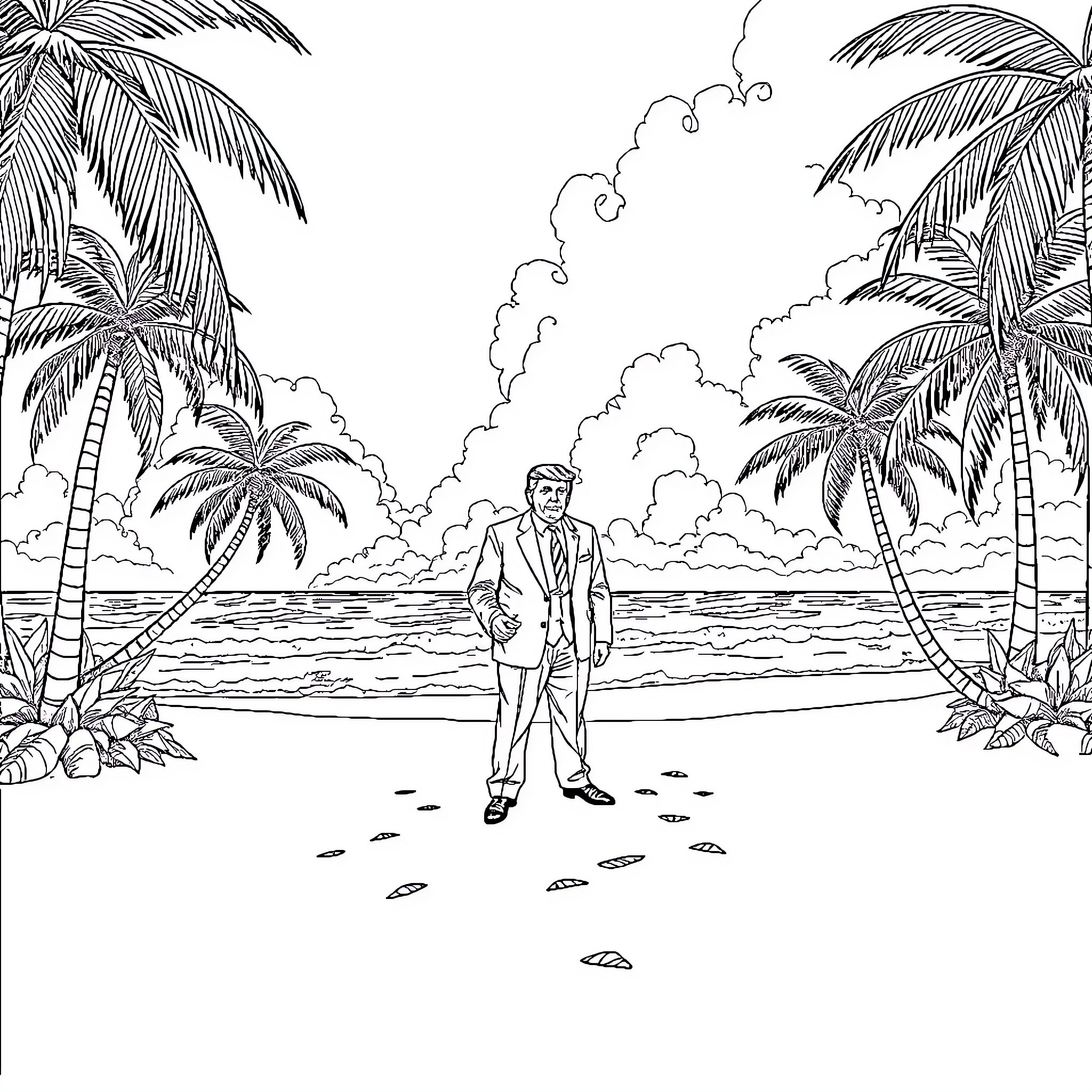 Trump enjoying a relaxing day on the tropical beach Coloring Page (free black-and-white line drawing printable PDF for all, from beginners to advanced learners, including children, teens, adults, and seniors)