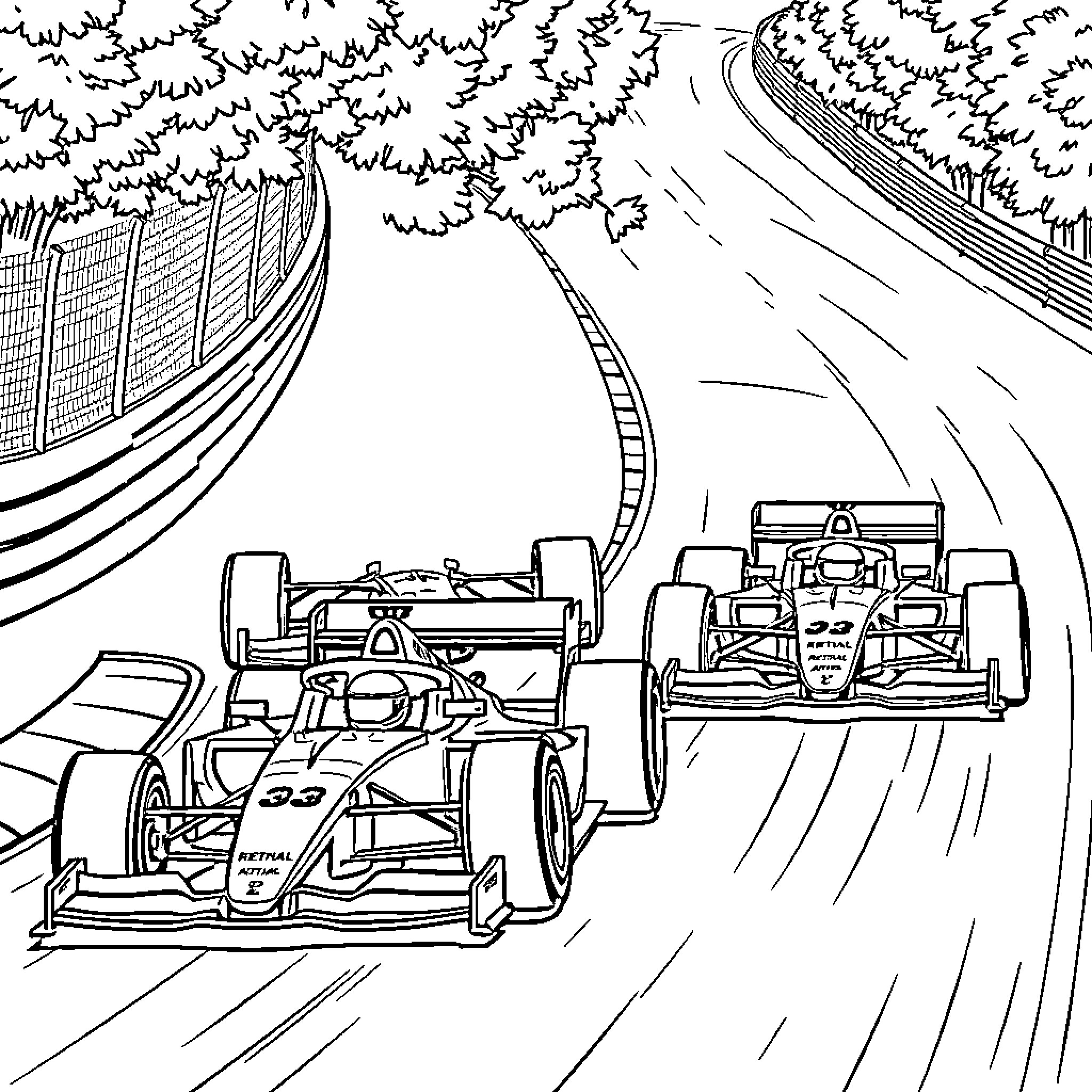 F1 Cars Racing on Winding Track Coloring Page (free black-and-white line drawing printable PDF for all, from beginners to advanced learners, including children, teens, adults, and seniors)