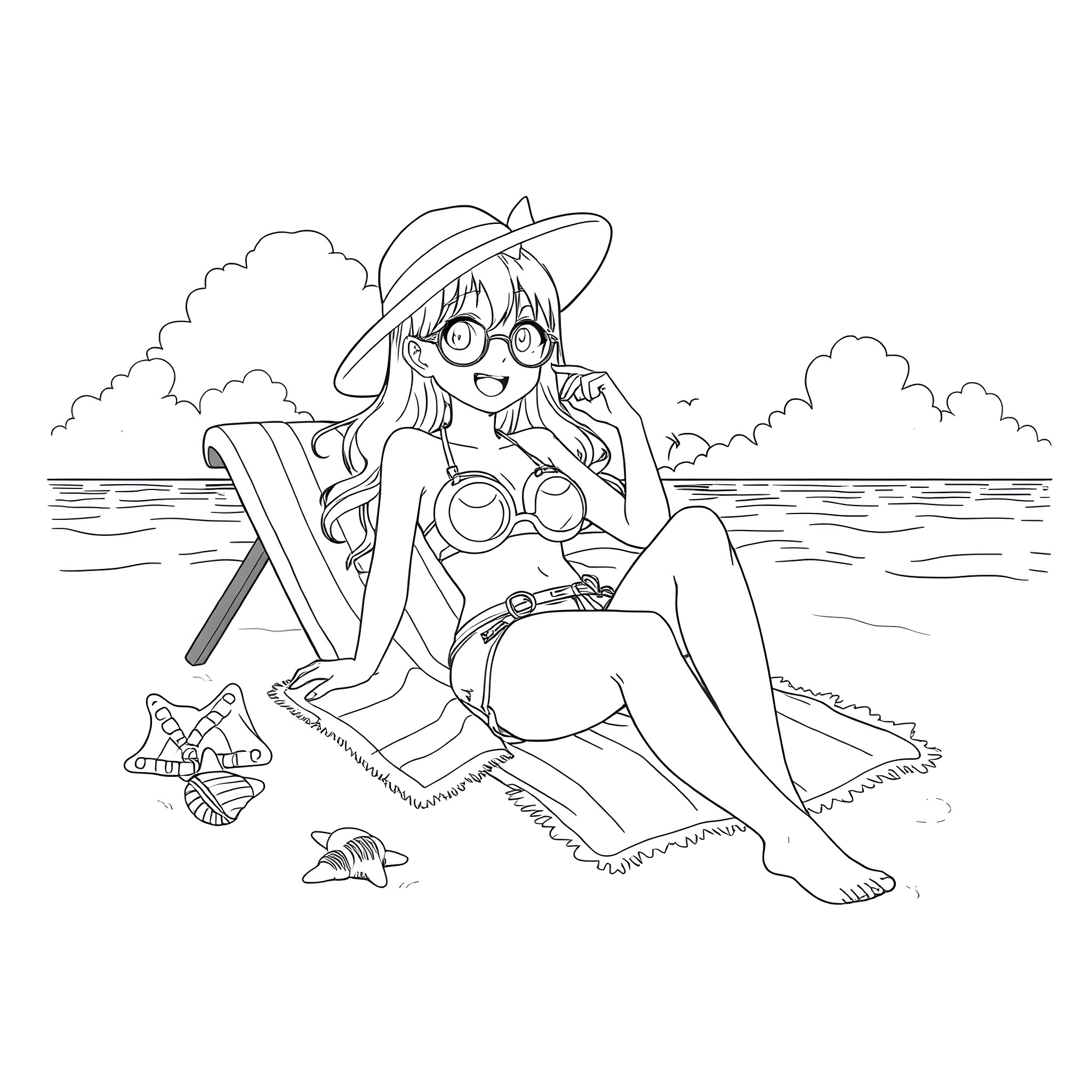 Gyaru enjoying a day at the beach Coloring Page (free black-and-white line drawing printable PDF for all, from beginners to advanced learners, including children, teens, adults, and seniors)
