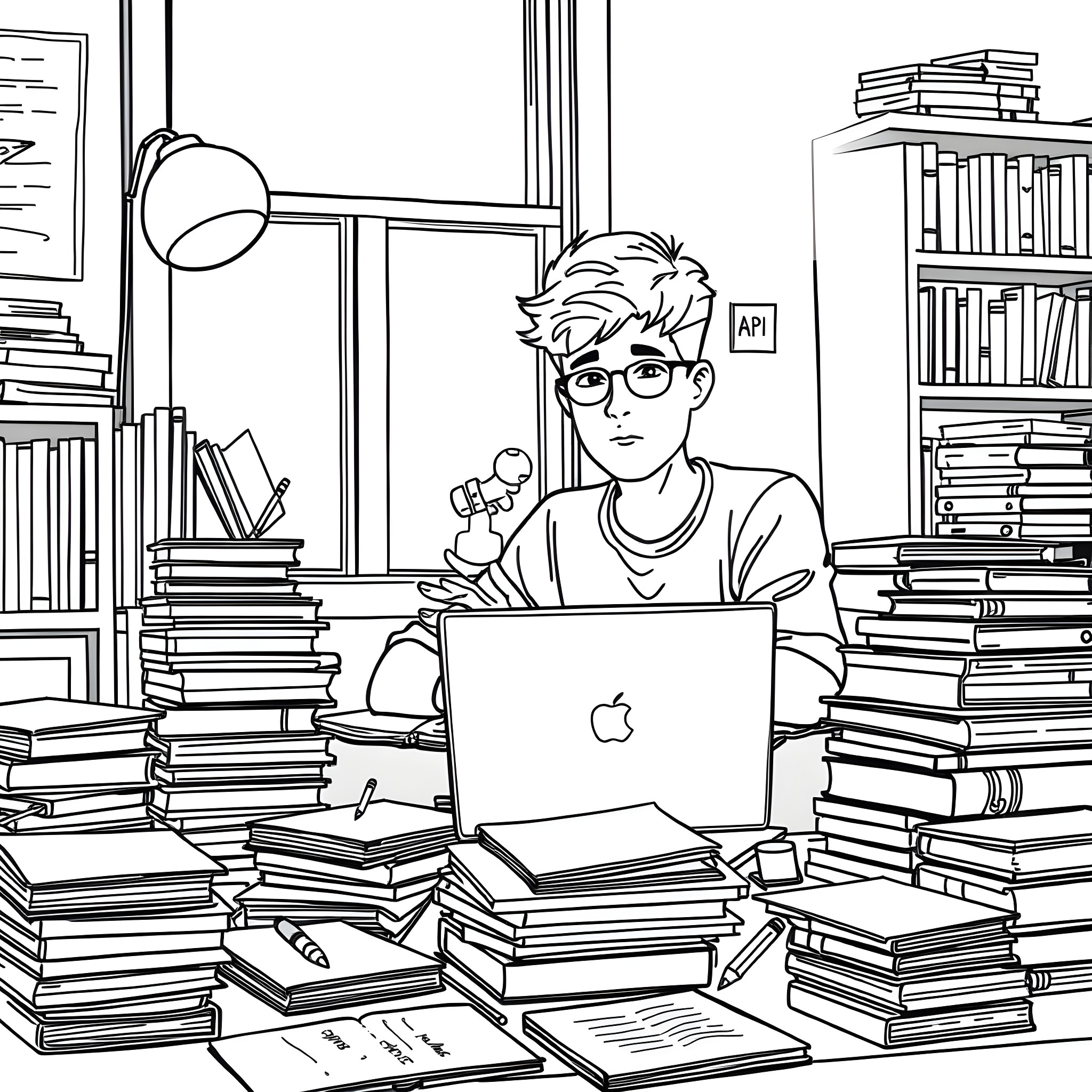 Learner studying diligently in a messy library Coloring Page (free black-and-white line drawing printable PDF for all, from beginners to advanced learners, including children, teens, adults, and seniors)
