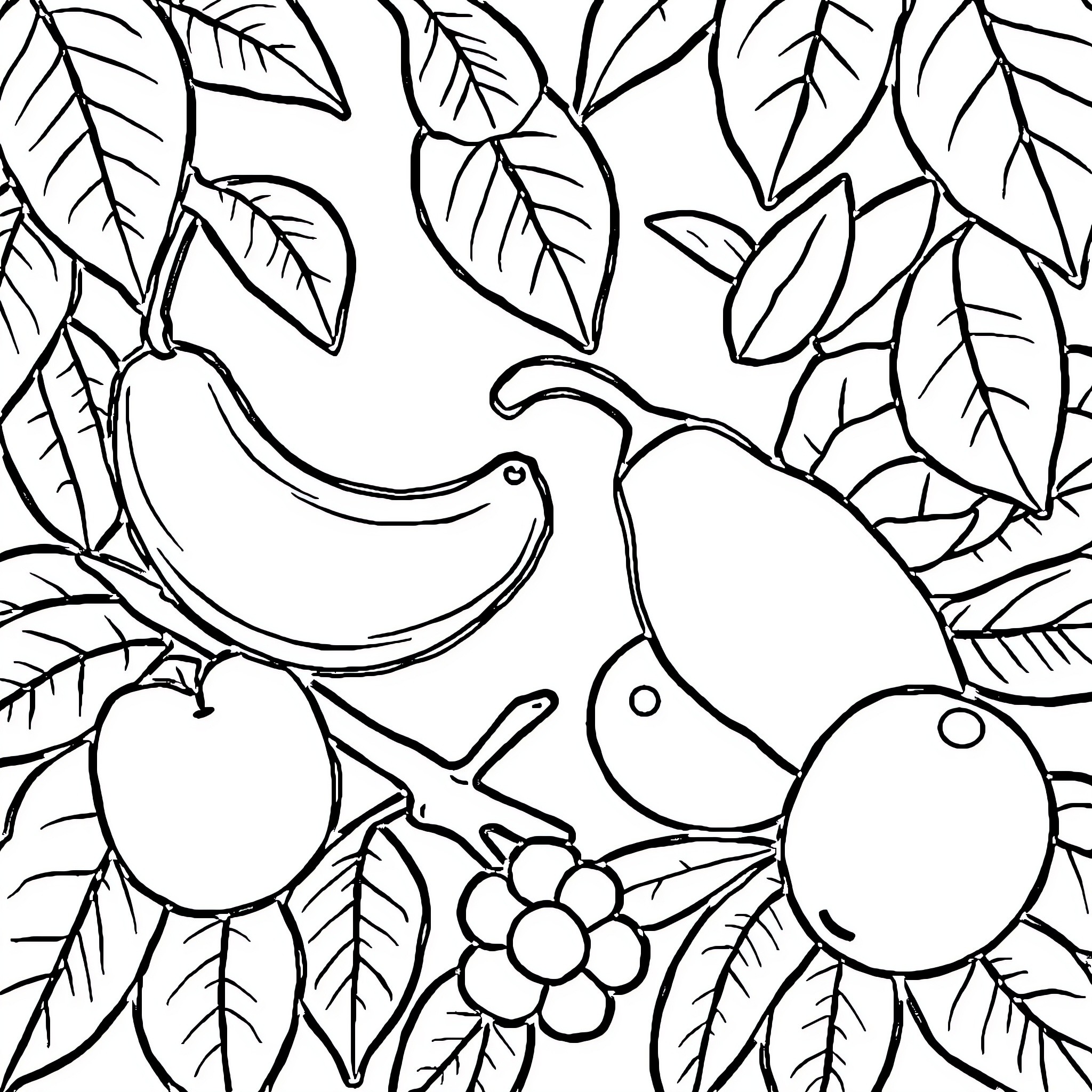 Fruit and Floral Silhouettes Coloring Page (free black-and-white line drawing printable PDF for all, from beginners to advanced learners, including children, teens, adults, and seniors)