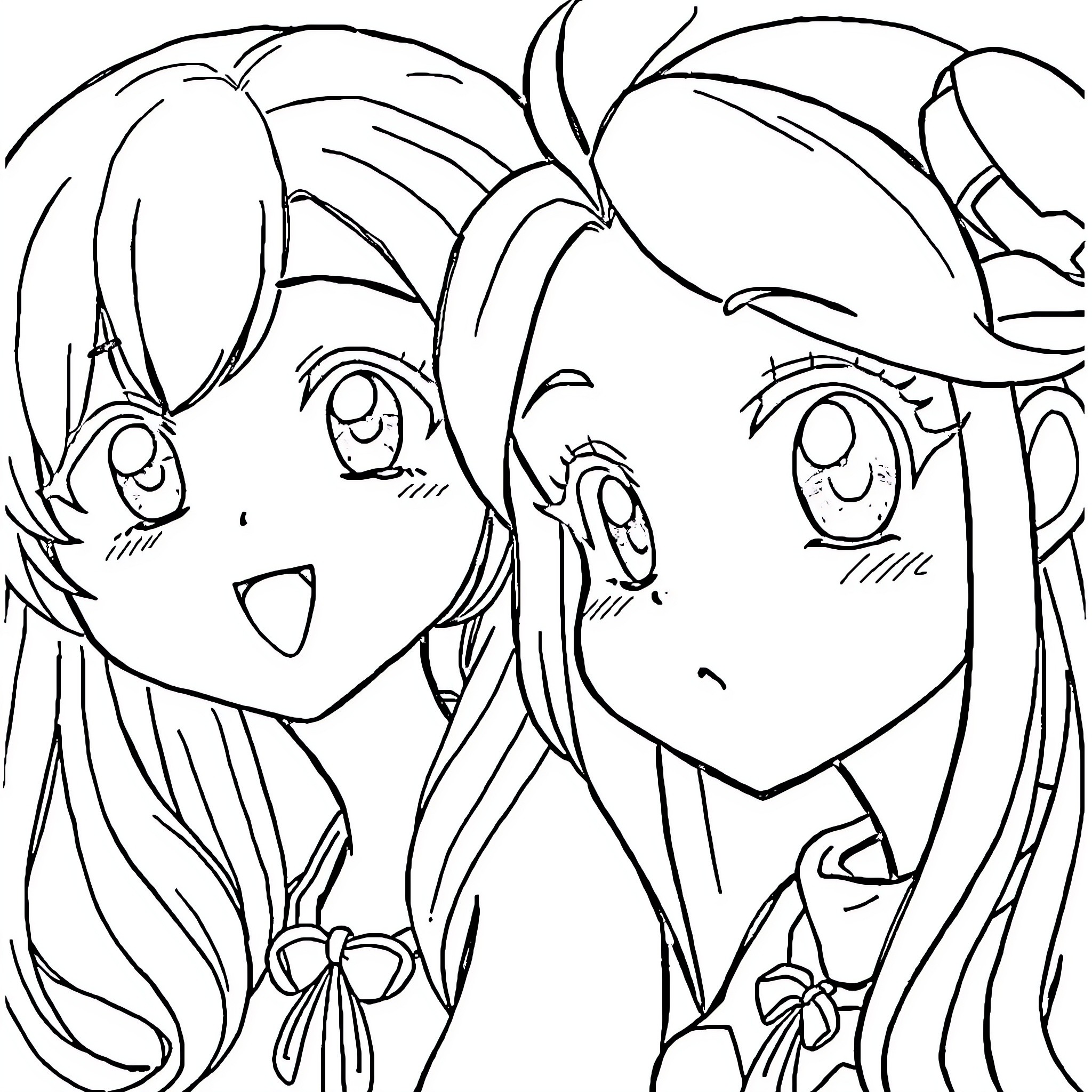 Anime characters with expressive faces and bows Coloring Page (free black-and-white line drawing printable PDF for all, from beginners to advanced learners, including children, teens, adults, and seniors)