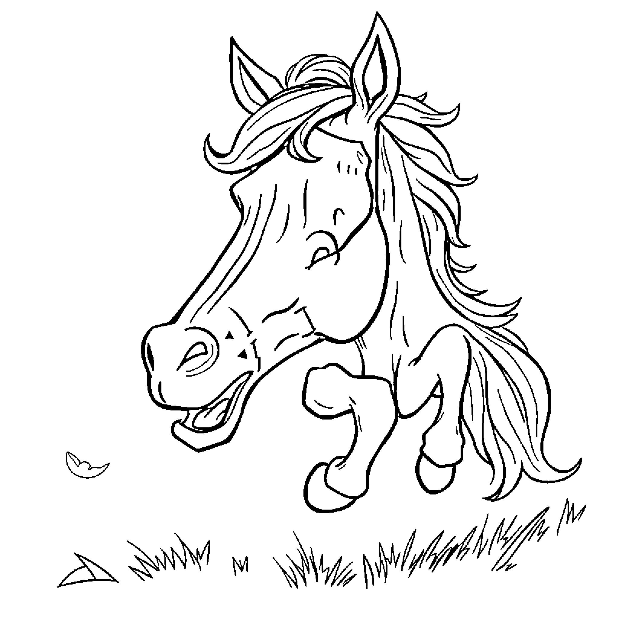 Horse with flowing mane in a field Coloring Page (free black-and-white line drawing printable PDF for all, from beginners to advanced learners, including children, teens, adults, and seniors)