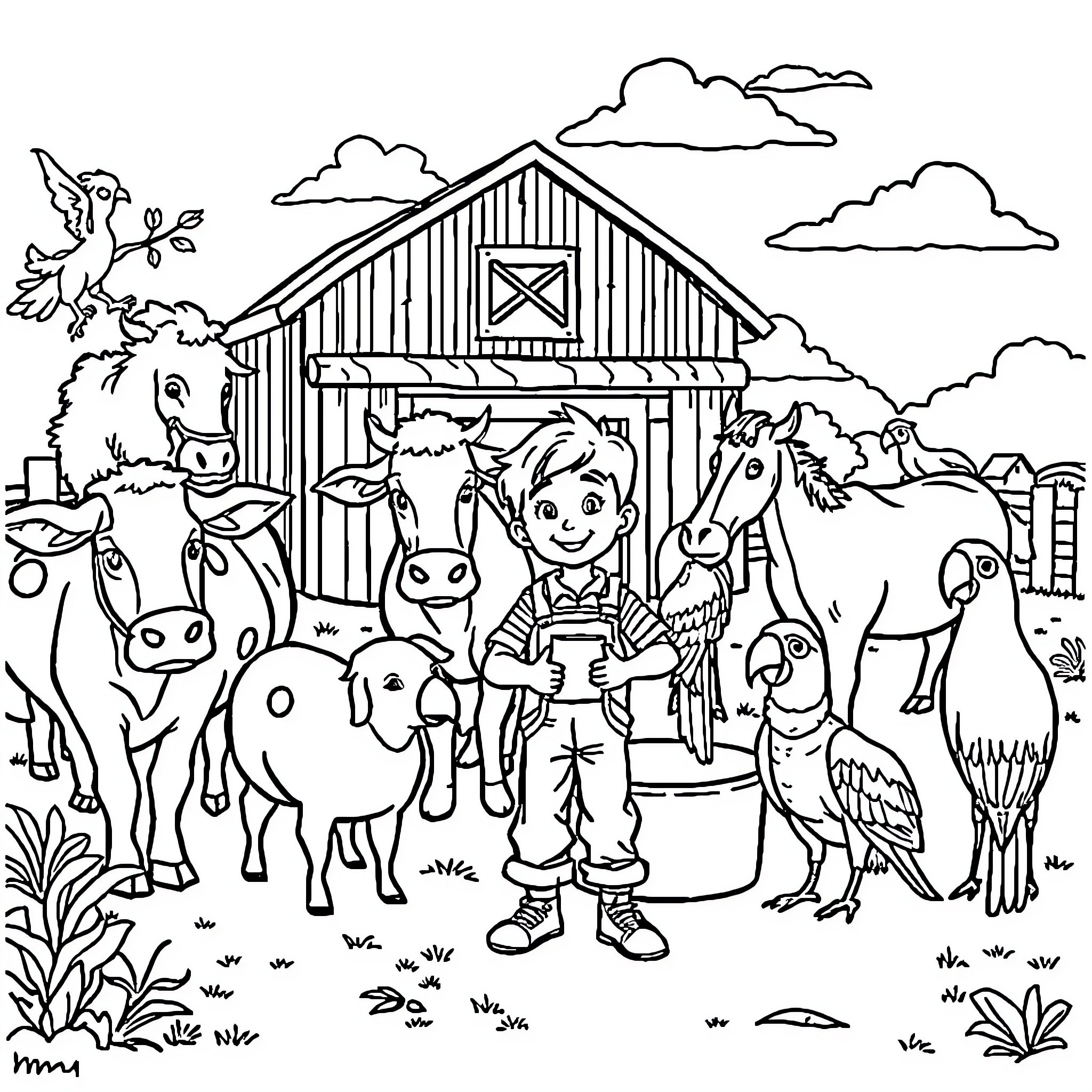 Boy exploring the lively farm with animals Coloring Page (free black-and-white line drawing printable PDF for all, from beginners to advanced learners, including children, teens, adults, and seniors)