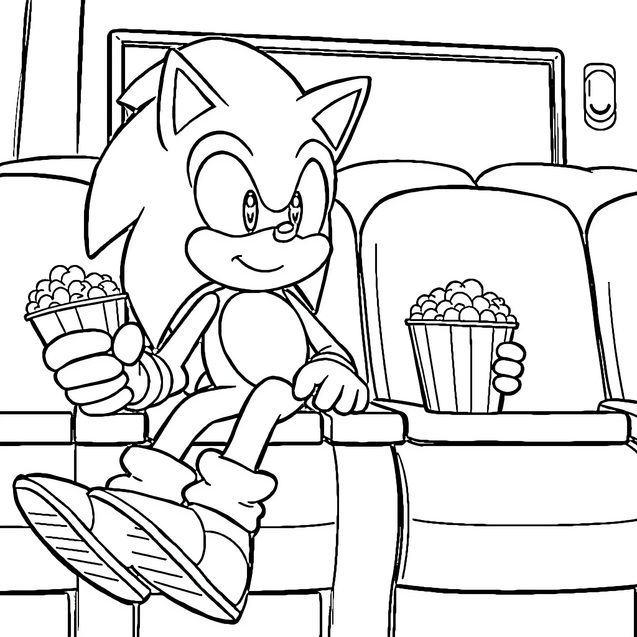 Sonic enjoying movie night with popcorn Coloring Page (free black-and-white line drawing printable PDF for all, from beginners to advanced learners, including children, teens, adults, and seniors)