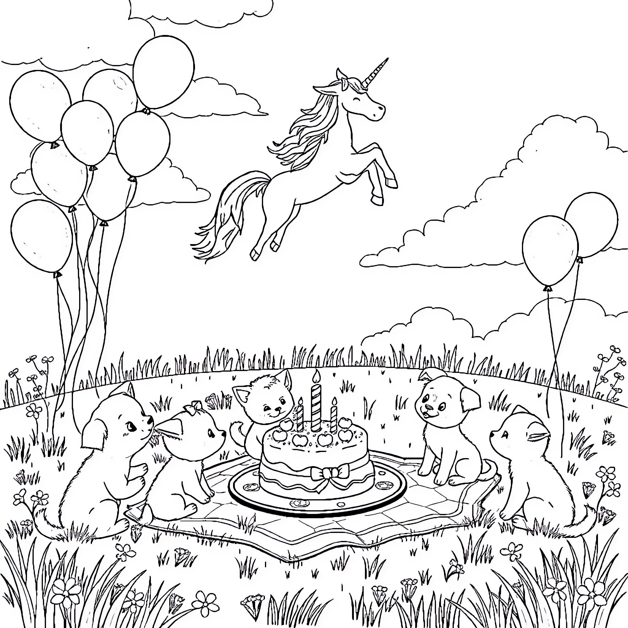 Kitten's Magical Birthday Celebration with Unicorn Coloring Page (free black-and-white line drawing printable PDF for all, from beginners to advanced learners, including children, teens, adults, and seniors)