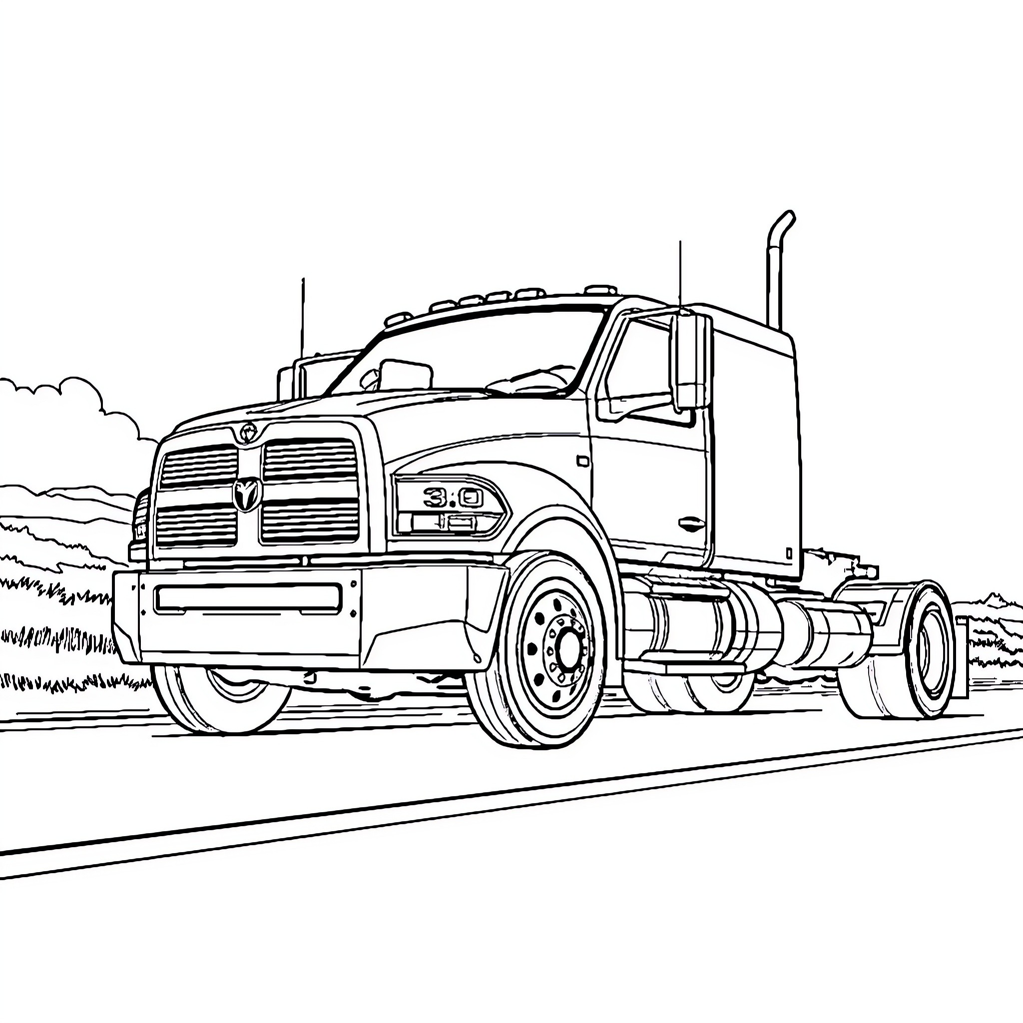Ram commercial truck driving on the road Coloring Page (free black-and-white line drawing printable PDF for all, from beginners to advanced learners, including children, teens, adults, and seniors)
