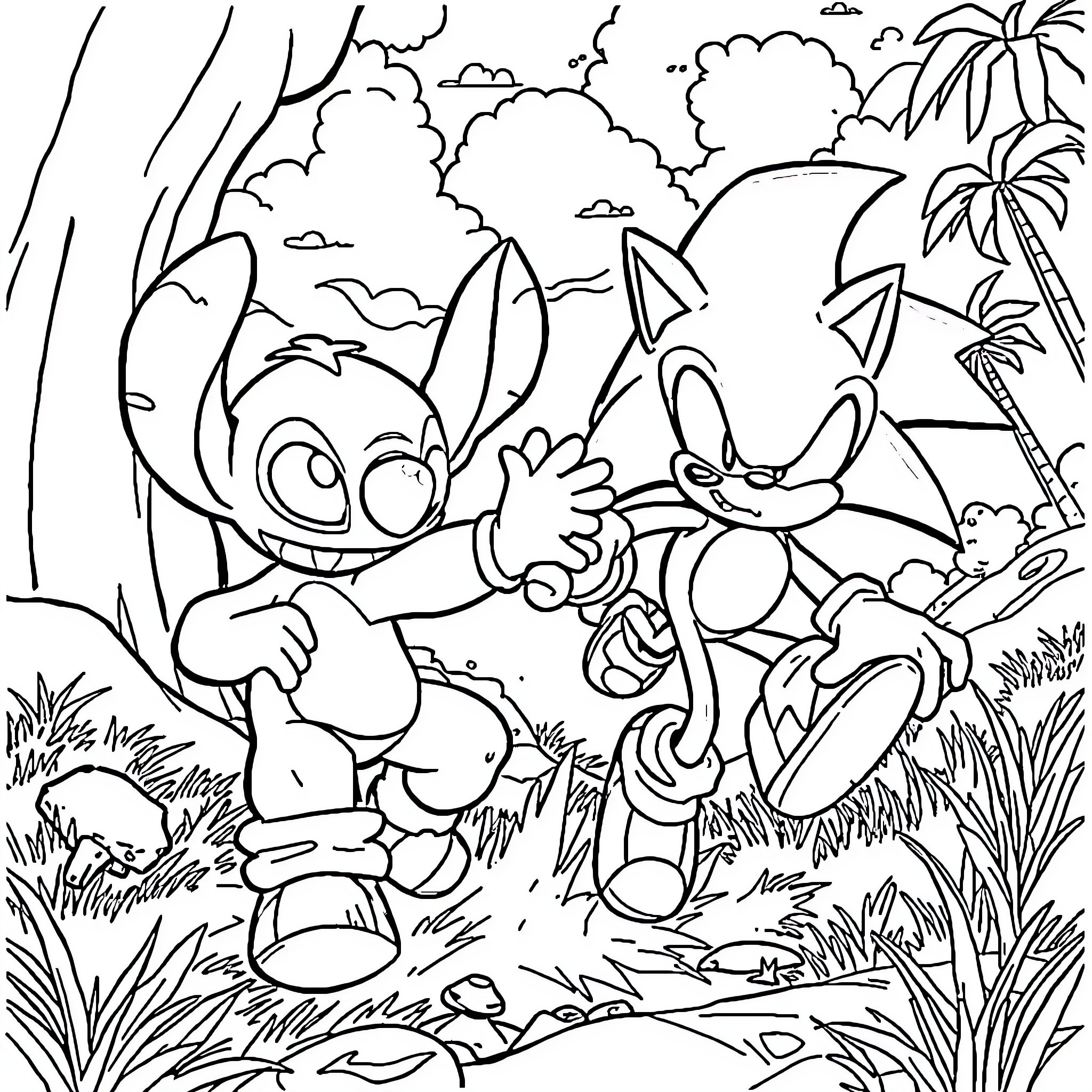 Stitch and Sonic exploring the jungle Coloring Page (free black-and-white line drawing printable PDF for all, from beginners to advanced learners, including children, teens, adults, and seniors)
