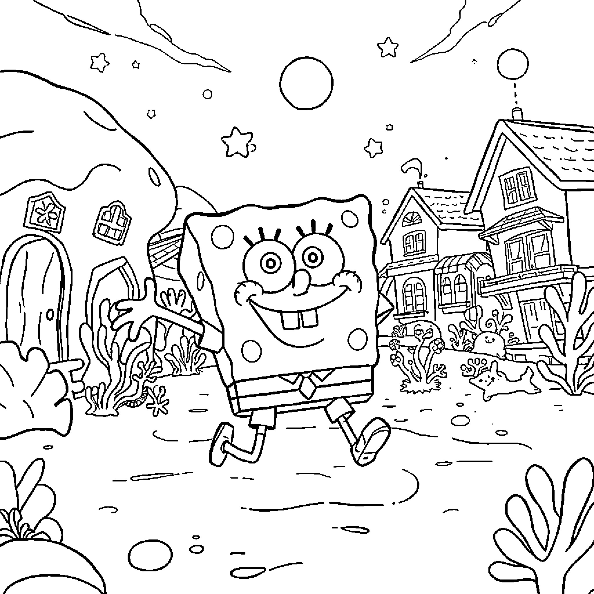 Spongebob Squarepants walking happily through Bikini Bottom Coloring Page (free black-and-white line drawing printable PDF for all, from beginners to advanced learners, including children, teens, adults, and seniors)