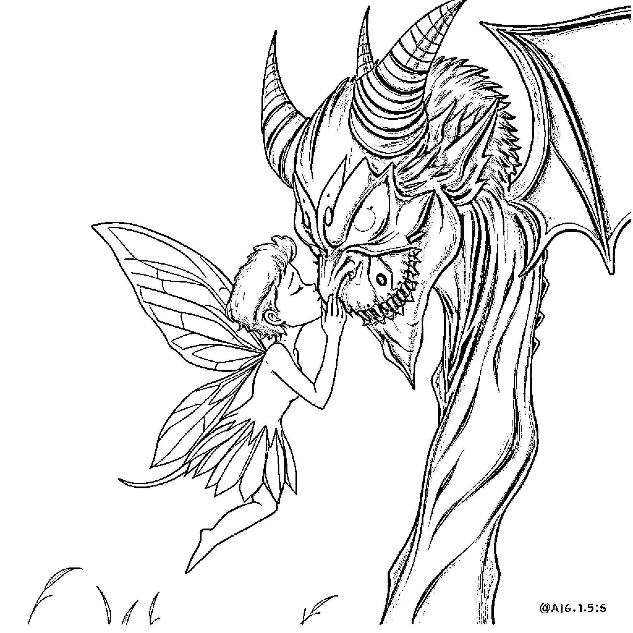 Fairy Confronting Mythical Creature Coloring Page (free black-and-white line drawing printable PDF for all, from beginners to advanced learners, including children, teens, adults, and seniors)