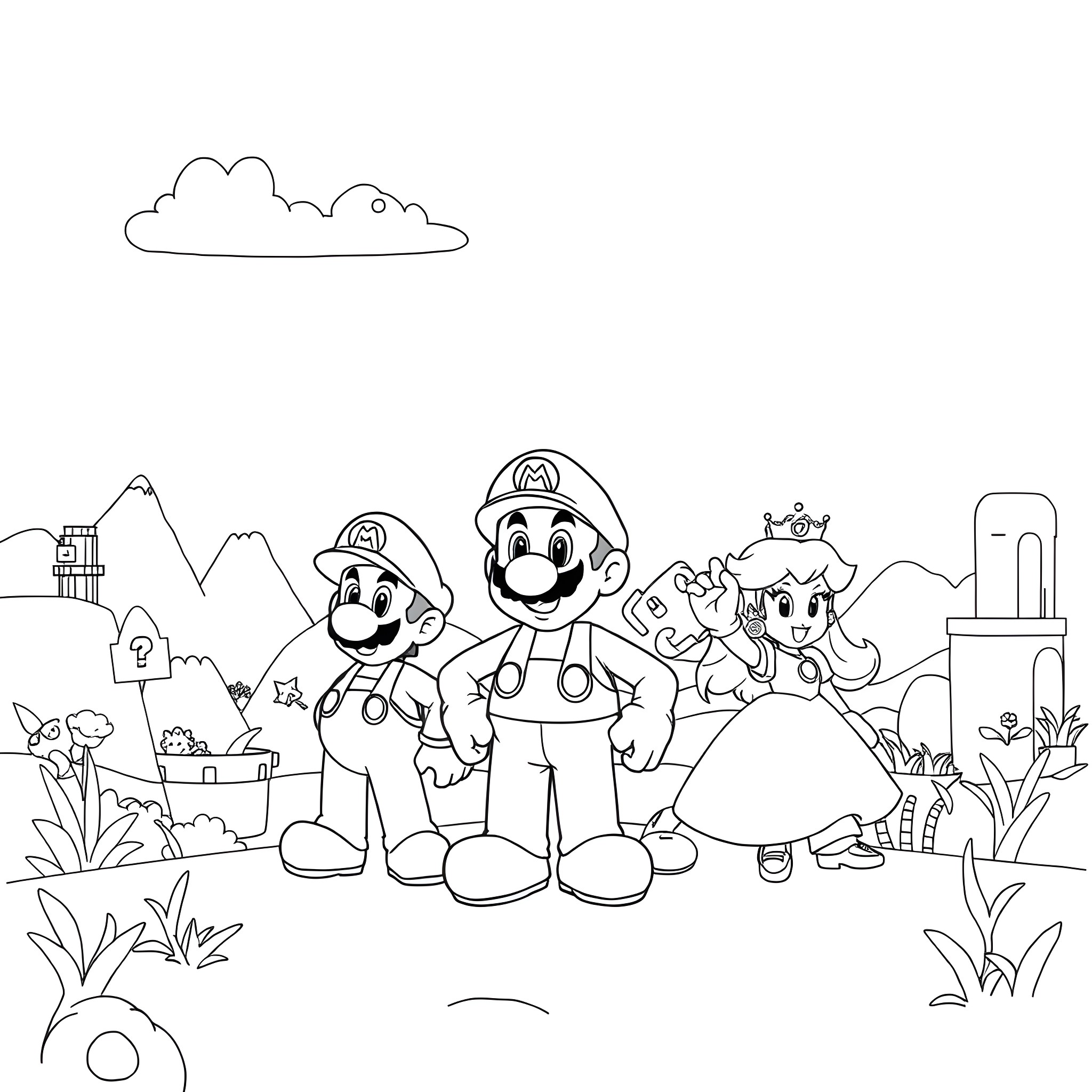 Super Mario Brothers Wonder: Heroic Plumbers and Princely Adventures Coloring Page (free black-and-white line drawing printable PDF for all, from beginners to advanced learners, including children, teens, adults, and seniors)