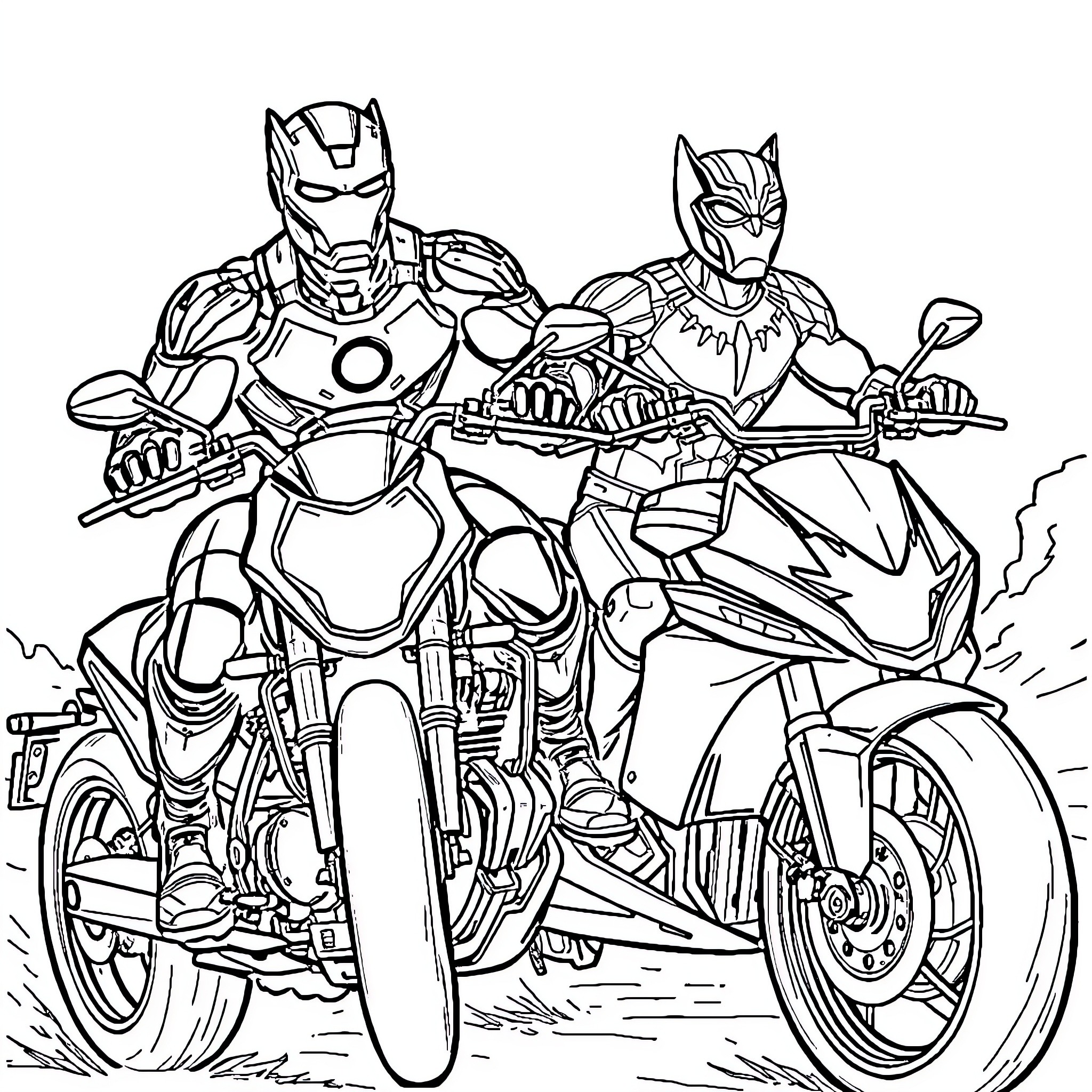 Iron Man and Black Panther riding high-tech motorcycles Coloring Page (free black-and-white line drawing printable PDF for all, from beginners to advanced learners, including children, teens, adults, and seniors)