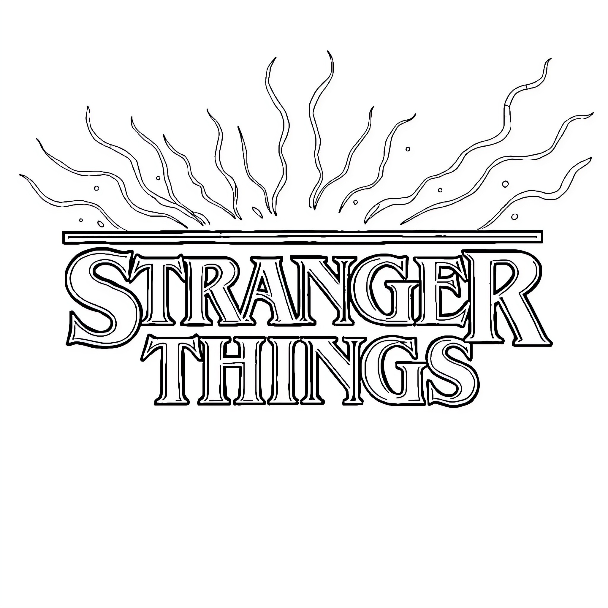 Stranger Things Wordmark with Wavy Cursive Text Coloring Page (free black-and-white line drawing printable PDF for all, from beginners to advanced learners, including children, teens, adults, and seniors)