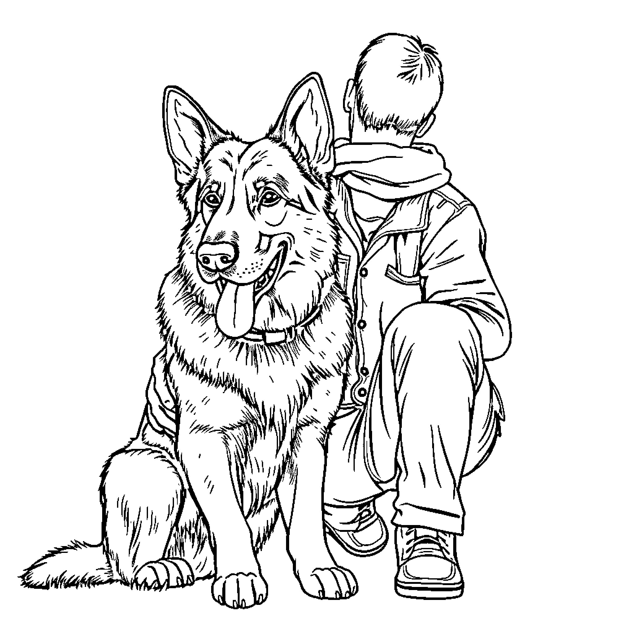 German Shepherd obediently awaiting instructions from owner Coloring Page (free black-and-white line drawing printable PDF for all, from beginners to advanced learners, including children, teens, adults, and seniors)