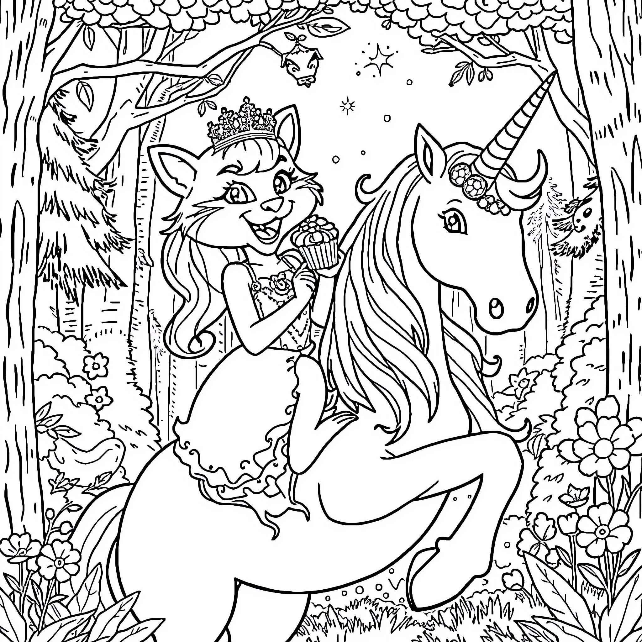 Cougar Princess and Unicorn Explore Enchanted Forest Coloring Page (free black-and-white line drawing printable PDF for all, from beginners to advanced learners, including children, teens, adults, and seniors)