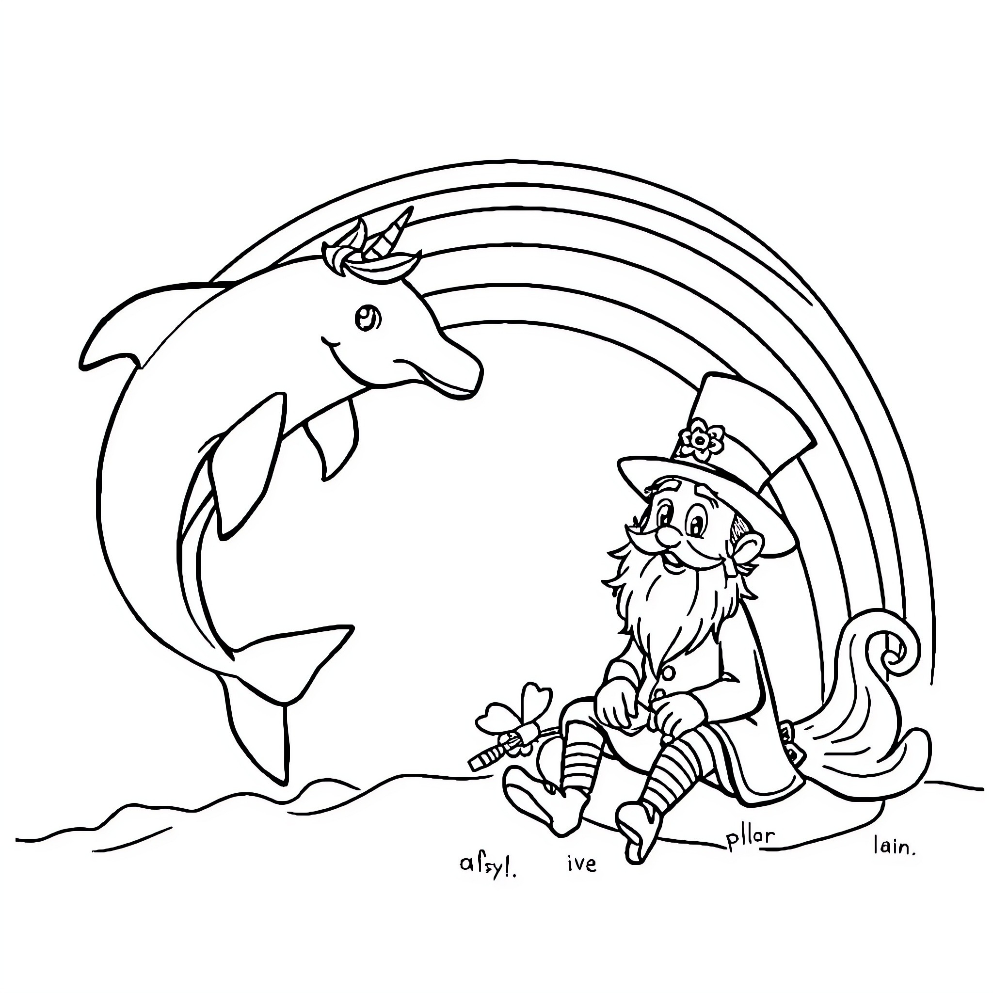 Dolphin playing with a gnome near a rainbow Coloring Page (free black-and-white line drawing printable PDF for all, from beginners to advanced learners, including children, teens, adults, and seniors)