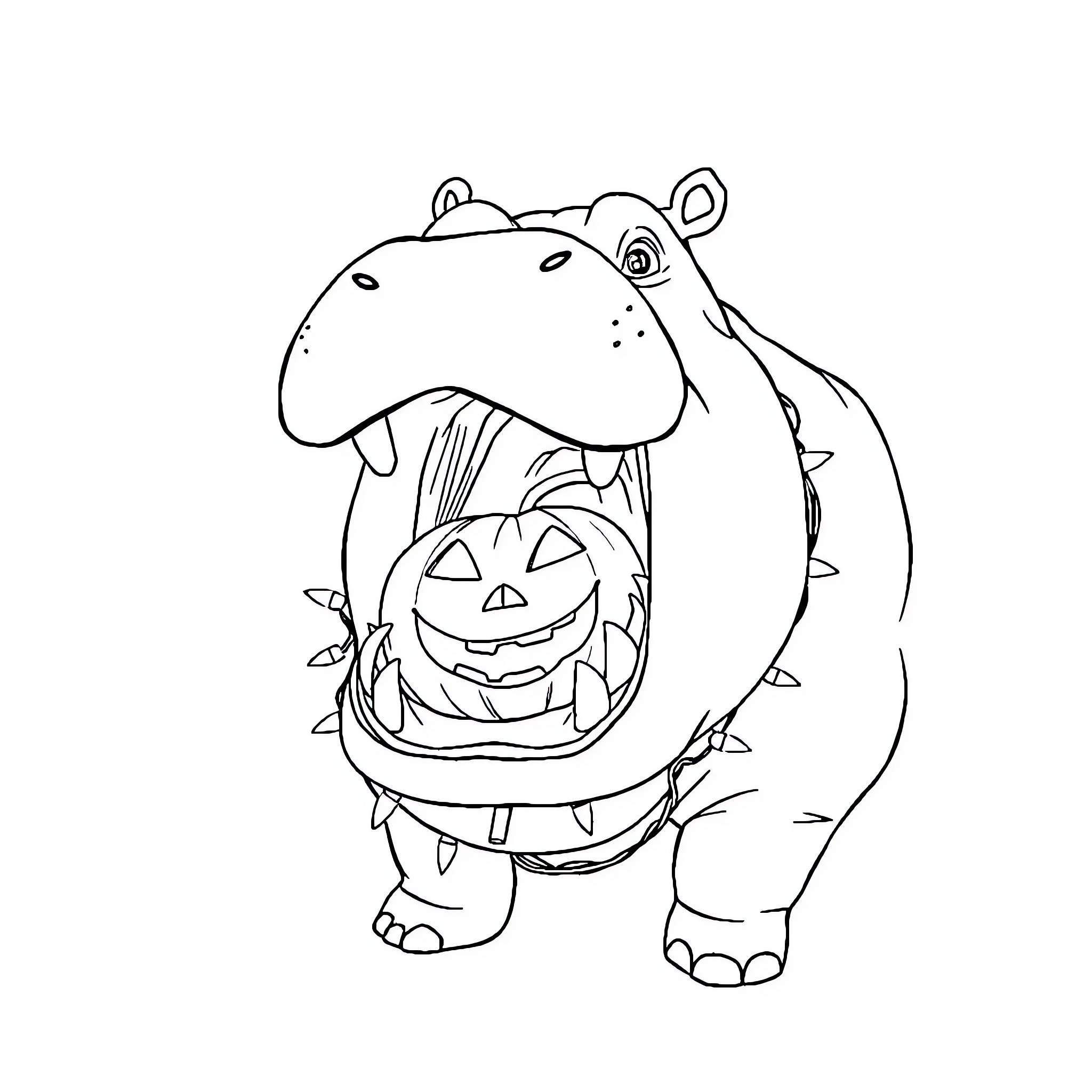 Hippo wearing a Halloween pumpkin costume Coloring Page (free black-and-white line drawing printable PDF for all, from beginners to advanced learners, including children, teens, adults, and seniors)