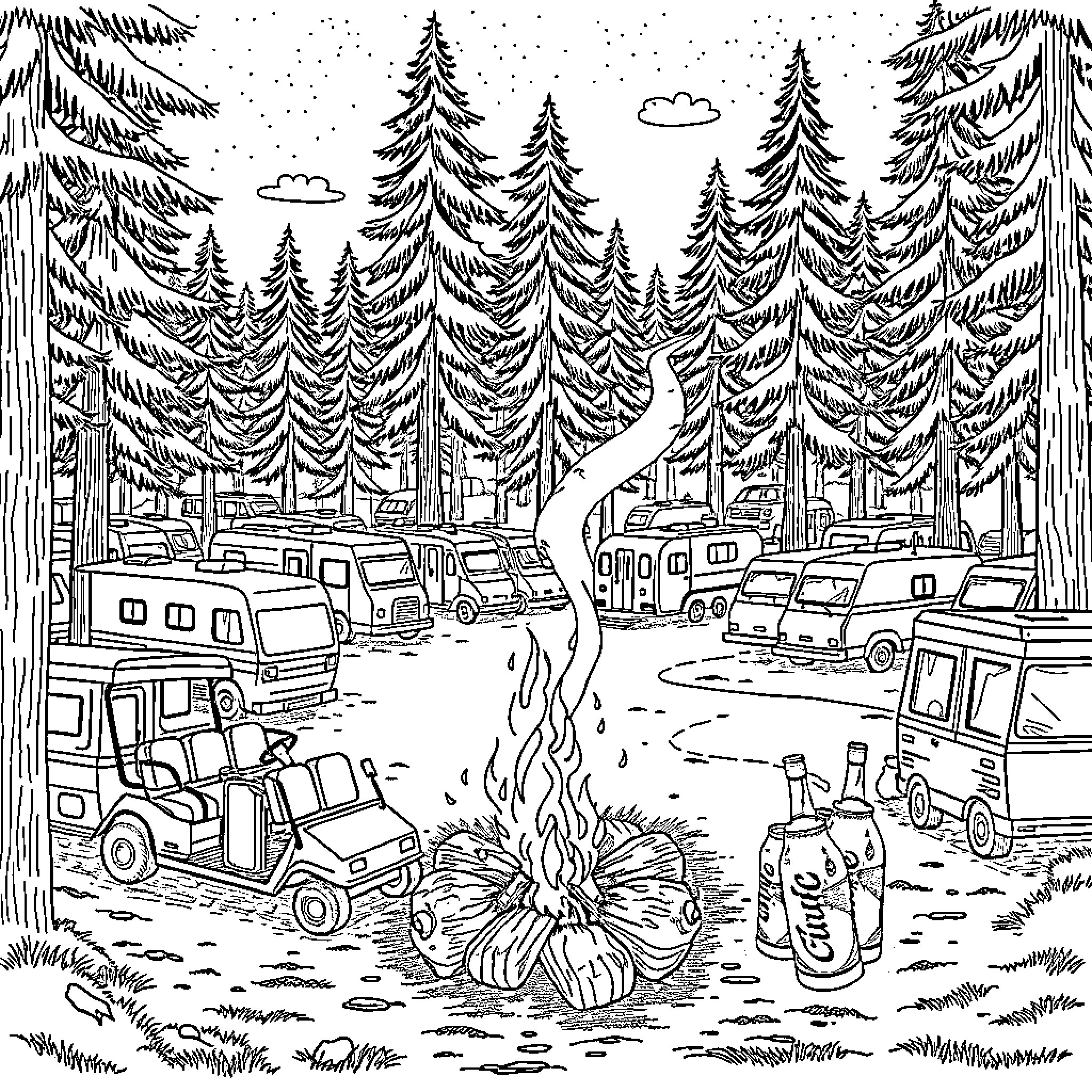 Camper's Cozy Retreat in the Forested Haven Coloring Page (free black-and-white line drawing printable PDF for all, from beginners to advanced learners, including children, teens, adults, and seniors)