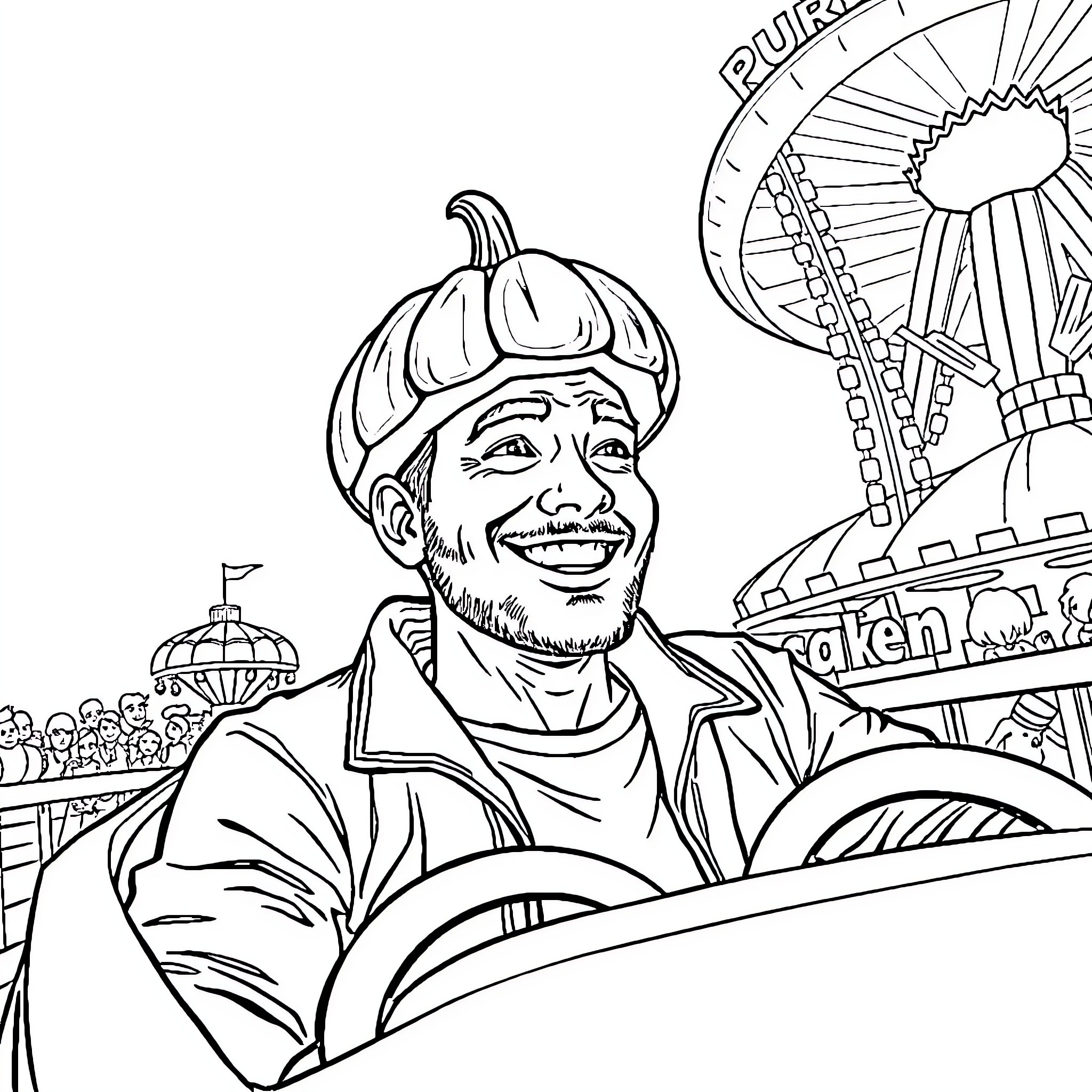 Man smiling while driving amusement park ride Coloring Page (free black-and-white line drawing printable PDF for all, from beginners to advanced learners, including children, teens, adults, and seniors)