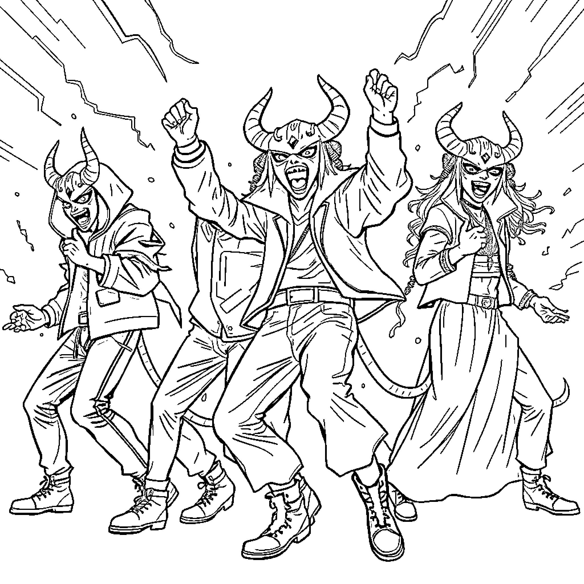 K-POP Demon Hunters in Action and Excitement Coloring Page (free black-and-white line drawing printable PDF for all, from beginners to advanced learners, including children, teens, adults, and seniors)