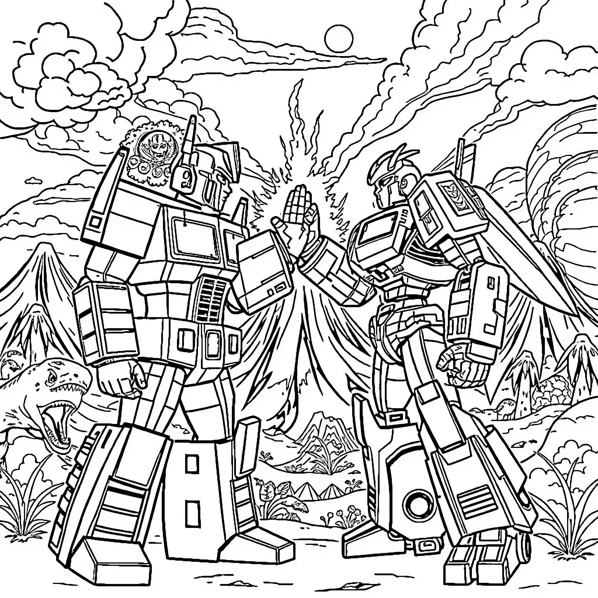 Optimus Prime and Megatron's epic battle in a ravaged landscape Coloring Page (free black-and-white line drawing printable PDF for all, from beginners to advanced learners, including children, teens, adults, and seniors)