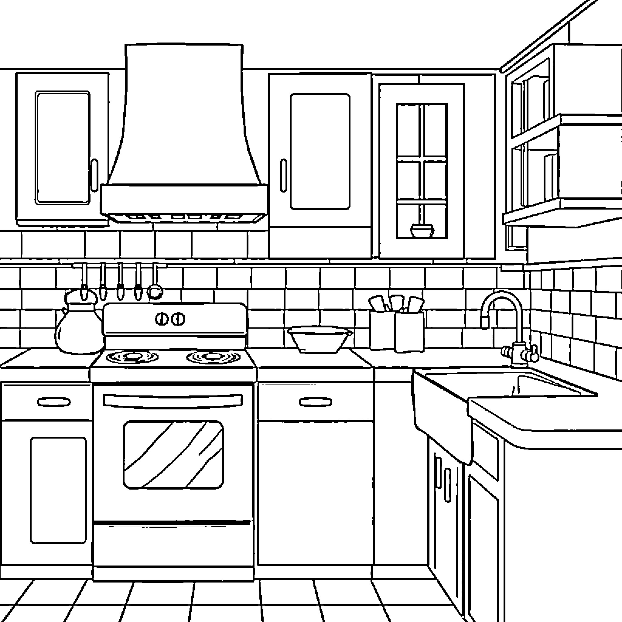Kitchen with cooking appliances and utensils Coloring Page (free black-and-white line drawing printable PDF for all, from beginners to advanced learners, including children, teens, adults, and seniors)