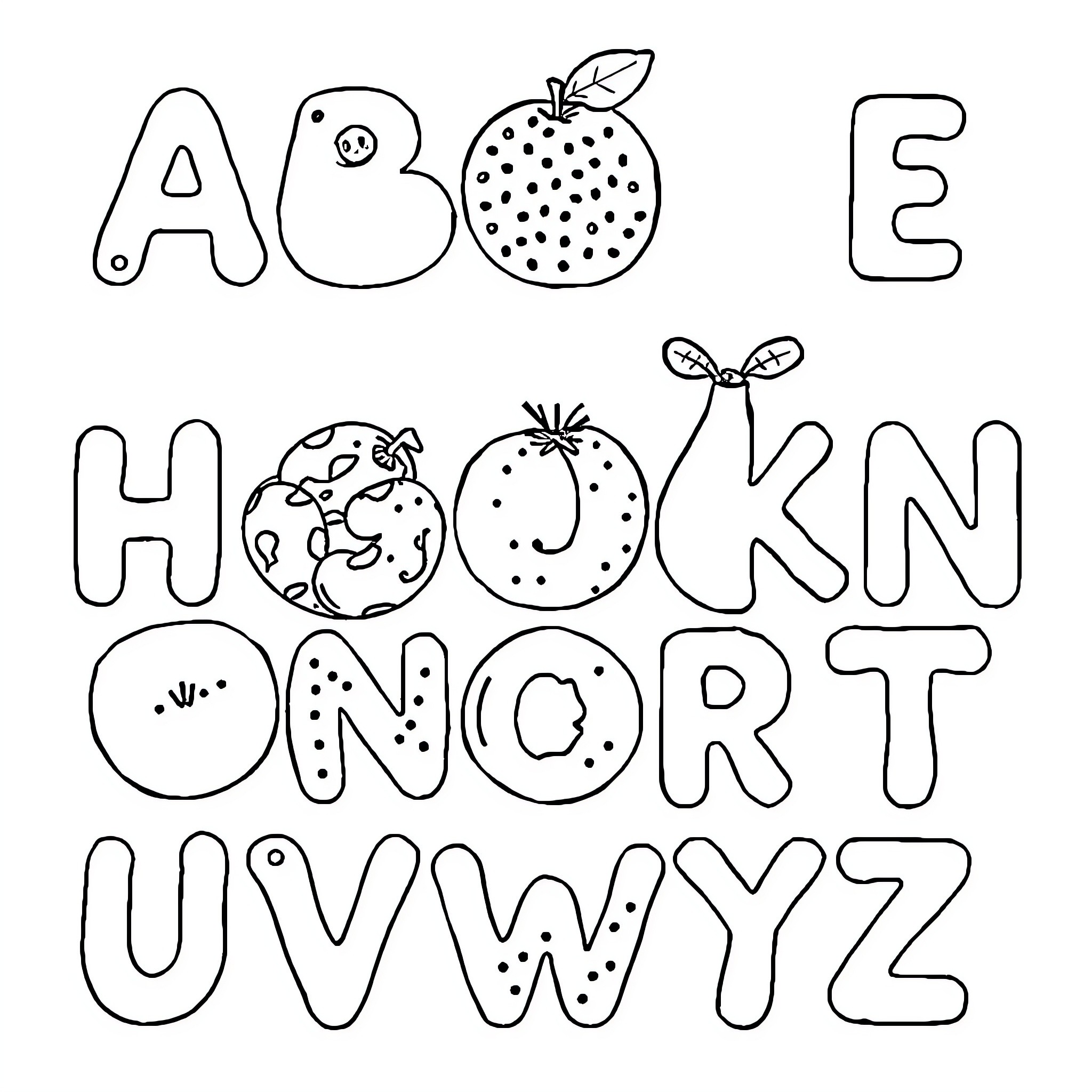 Fruit-themed alphabet letters and characters Coloring Page (free black-and-white line drawing printable PDF for all, from beginners to advanced learners, including children, teens, adults, and seniors)