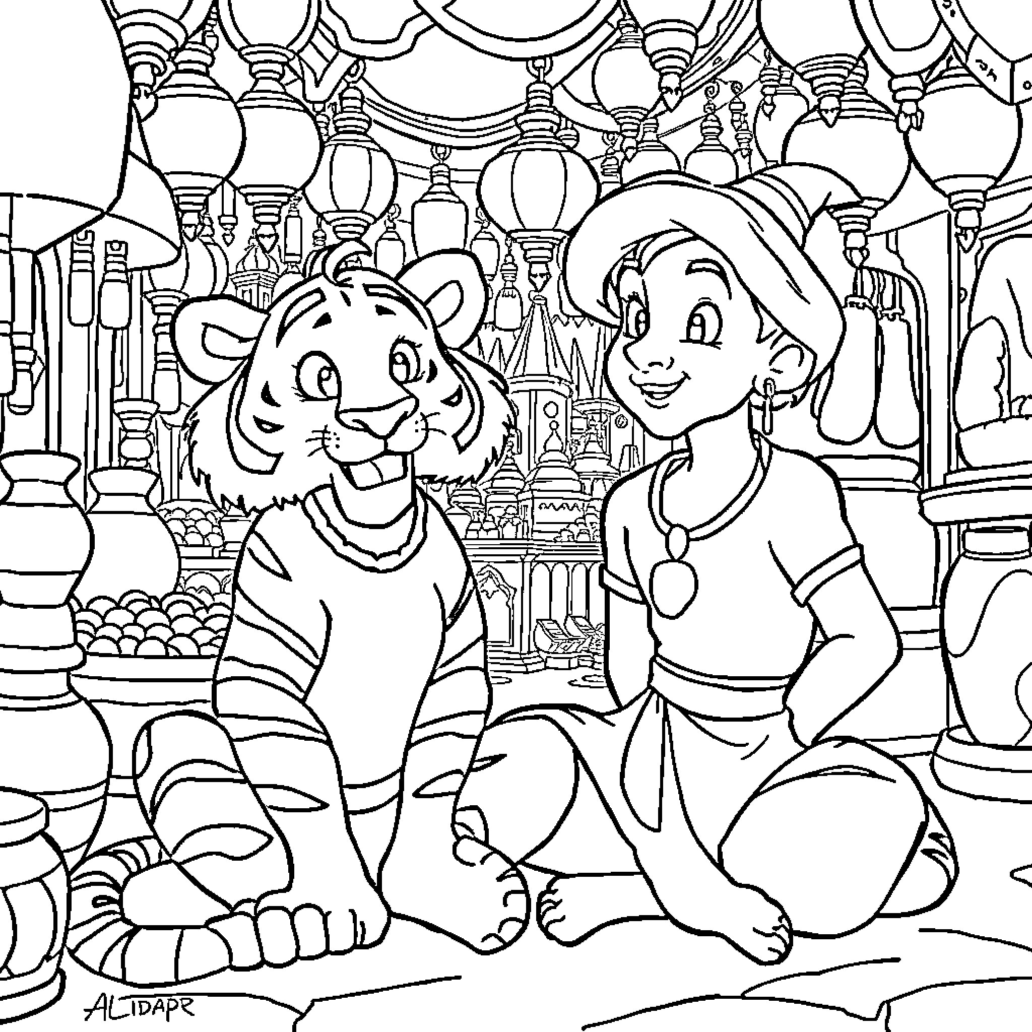 Aladdin and Jasmine in the Marketplace Coloring Page (free black-and-white line drawing printable PDF for all, from beginners to advanced learners, including children, teens, adults, and seniors)