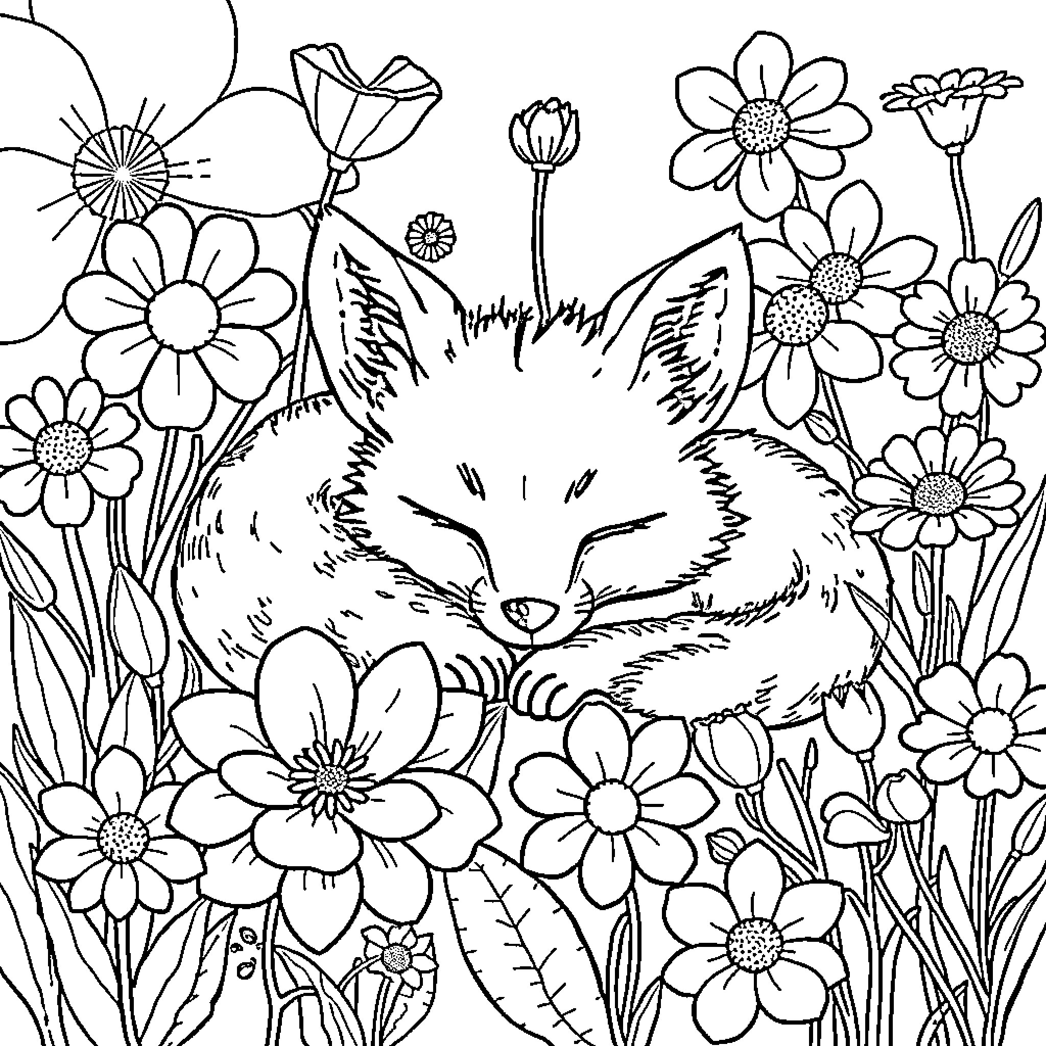Fox nestled in a field of flowers Coloring Page (free black-and-white line drawing printable PDF for all, from beginners to advanced learners, including children, teens, adults, and seniors)