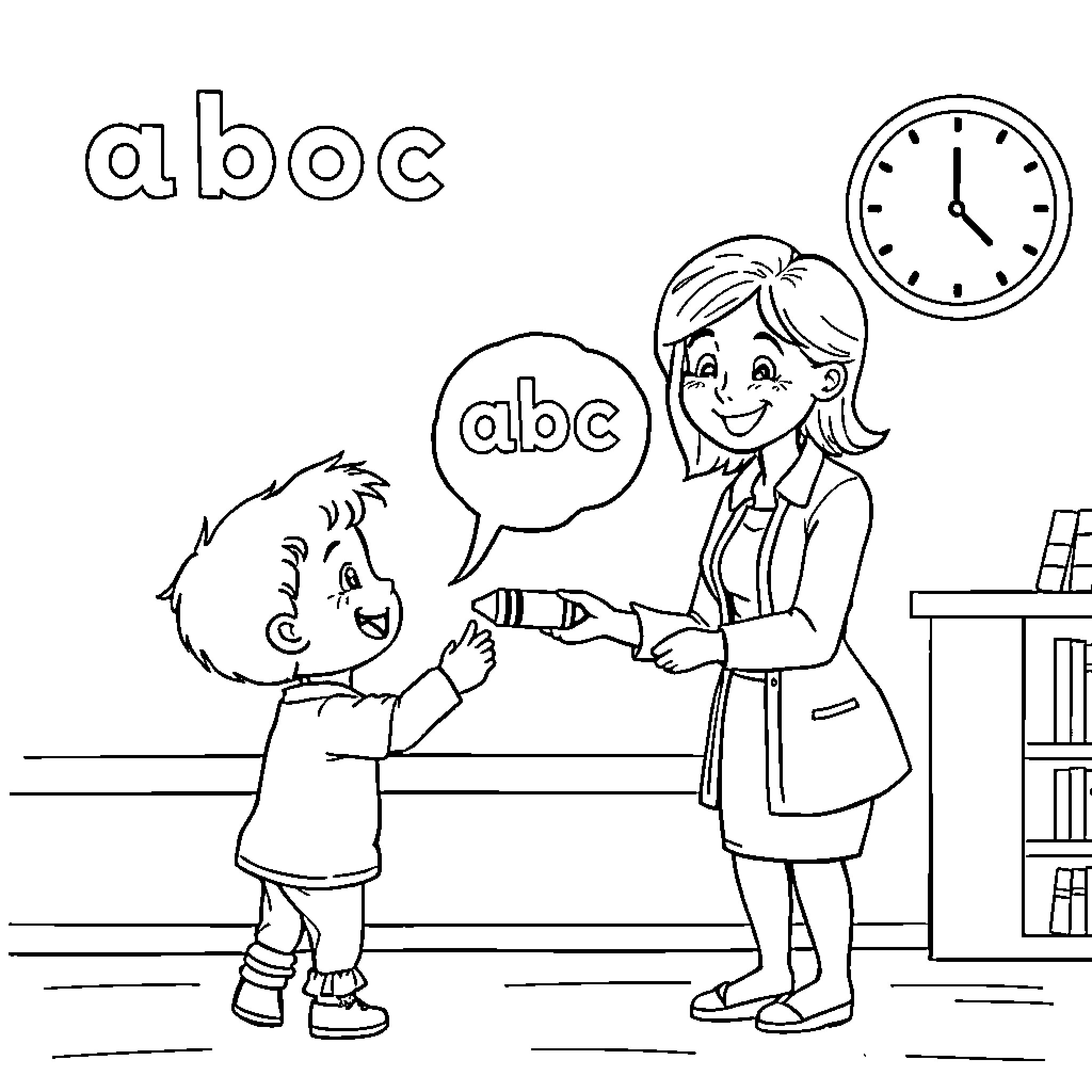 Child learning alphabet with teacher Coloring Page (free black-and-white line drawing printable PDF for all, from beginners to advanced learners, including children, teens, adults, and seniors)