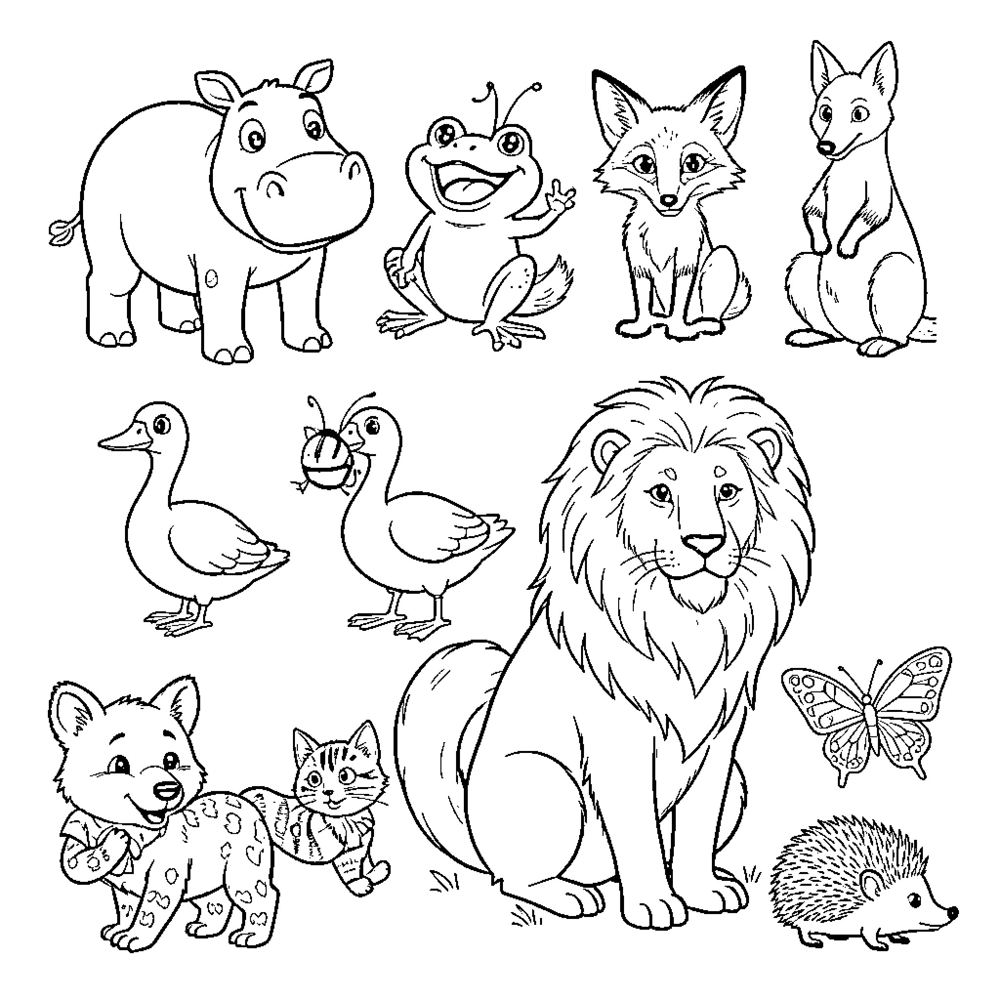 Hippopotamus and other amusing animal characters Coloring Page (free black-and-white line drawing printable PDF for all, from beginners to advanced learners, including children, teens, adults, and seniors)
