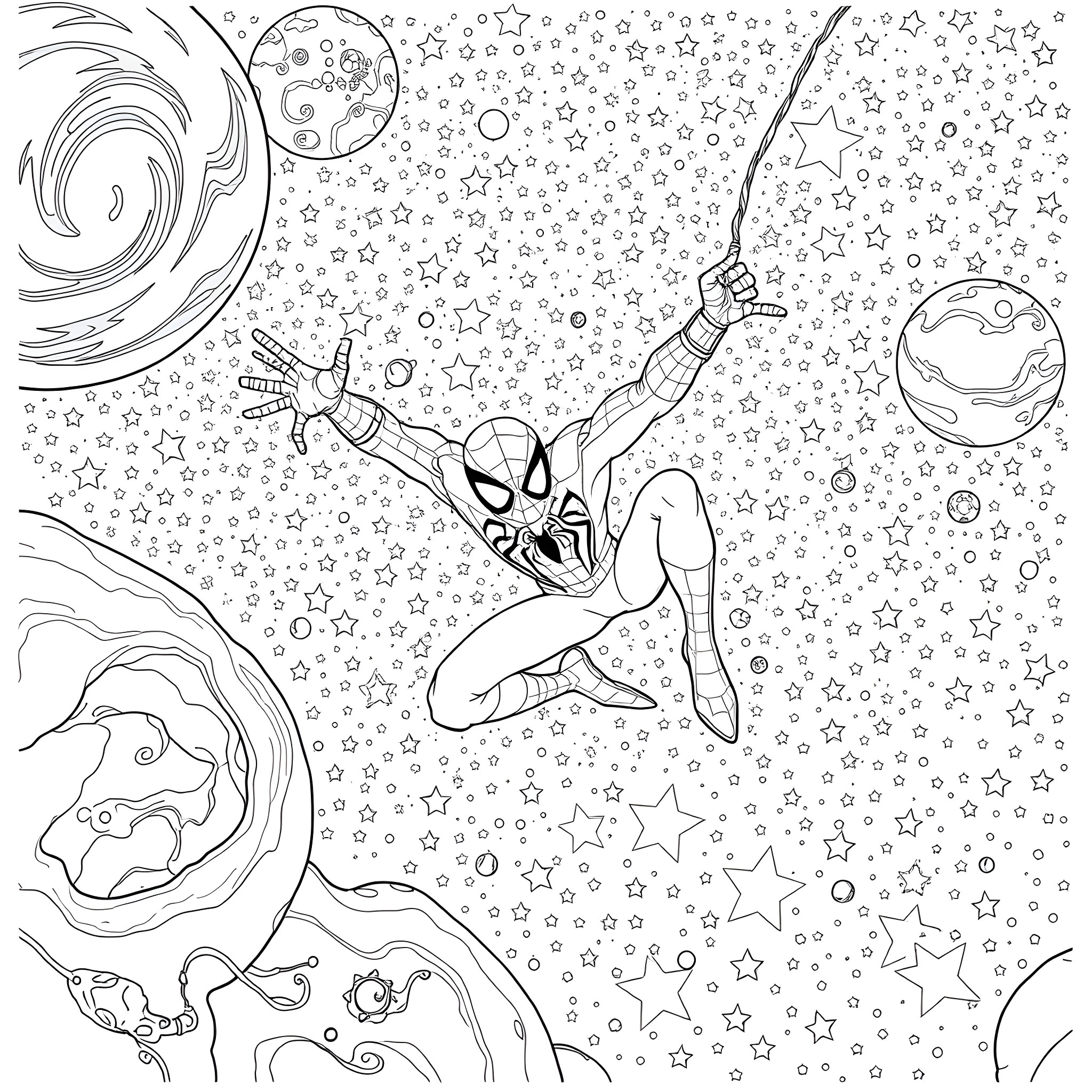 Spider-Man swinging through a starry cosmic scene Coloring Page (free black-and-white line drawing printable PDF for all, from beginners to advanced learners, including children, teens, adults, and seniors)