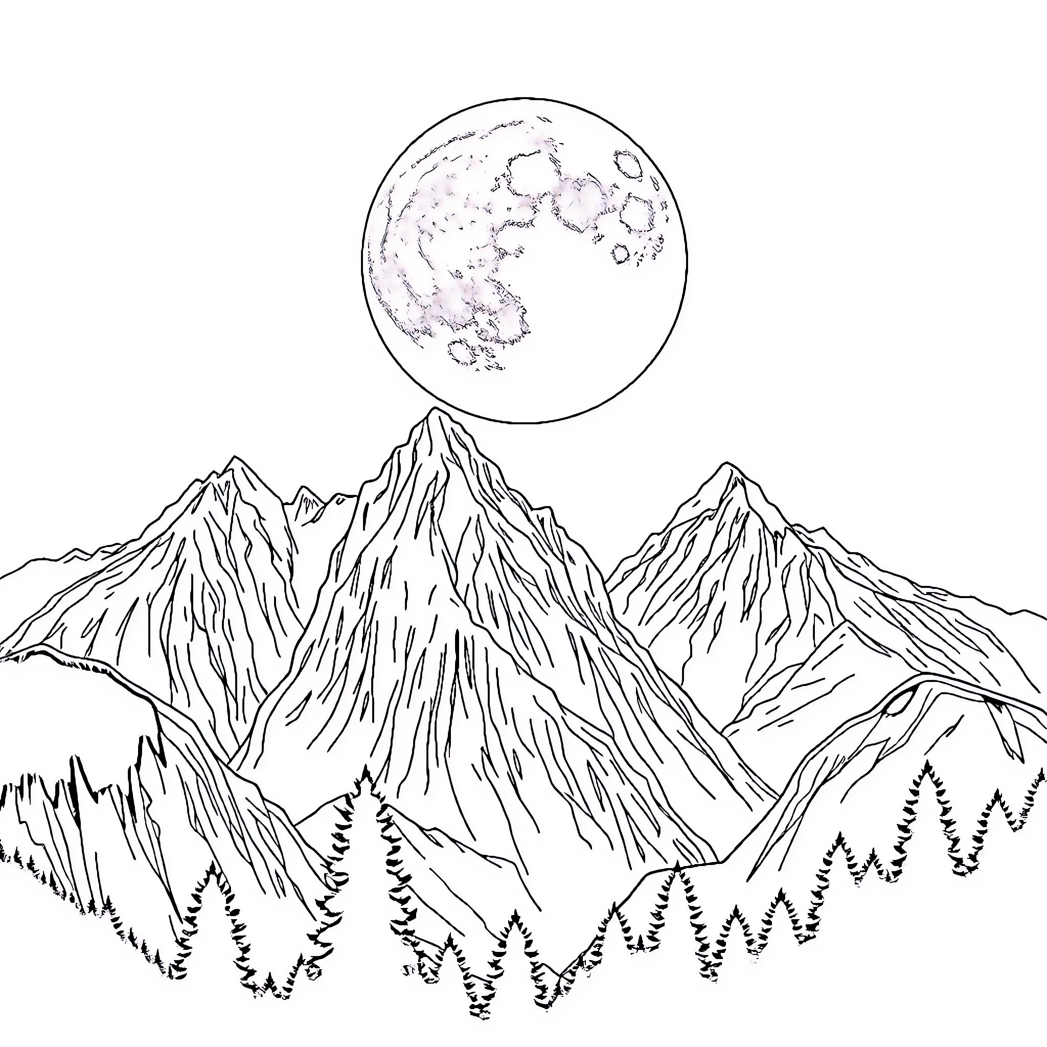 Moon shining over majestic mountain landscape Coloring Page (free black-and-white line drawing printable PDF for all, from beginners to advanced learners, including children, teens, adults, and seniors)