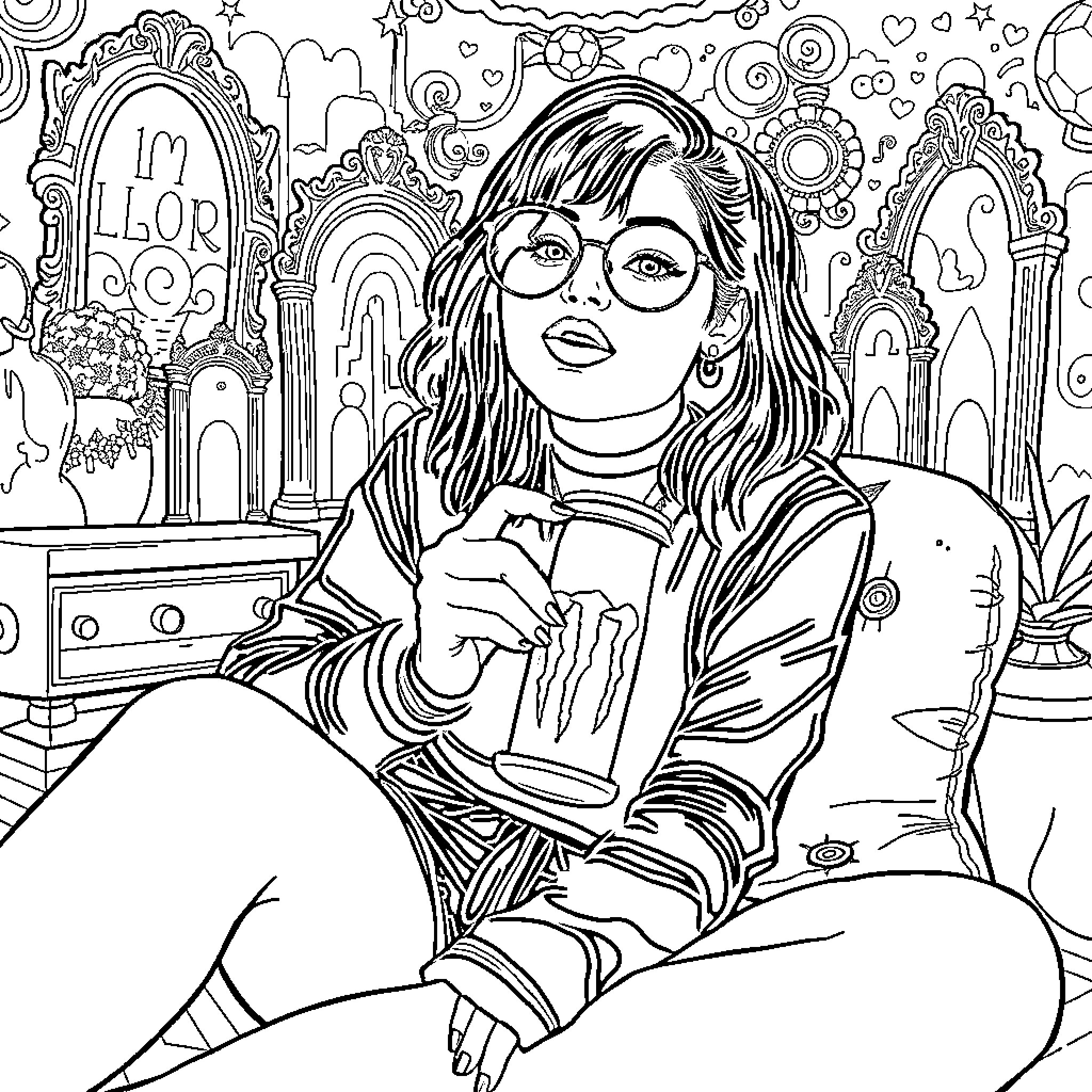 Melanie Martinez in a whimsical, artistic environment Coloring Page (free black-and-white line drawing printable PDF for all, from beginners to advanced learners, including children, teens, adults, and seniors)