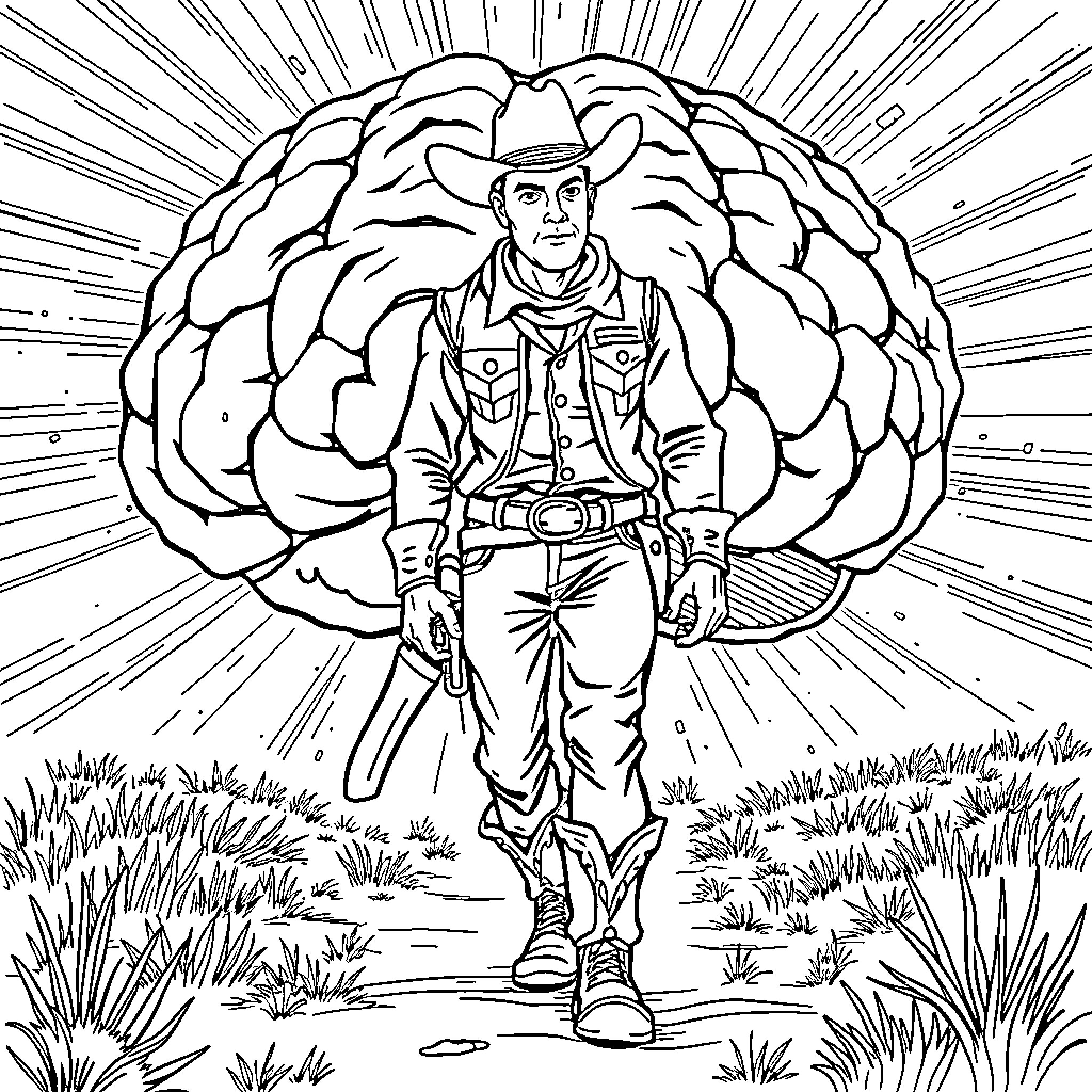 Cowboy standing amidst a giant brain Coloring Page (free black-and-white line drawing printable PDF for all, from beginners to advanced learners, including children, teens, adults, and seniors)