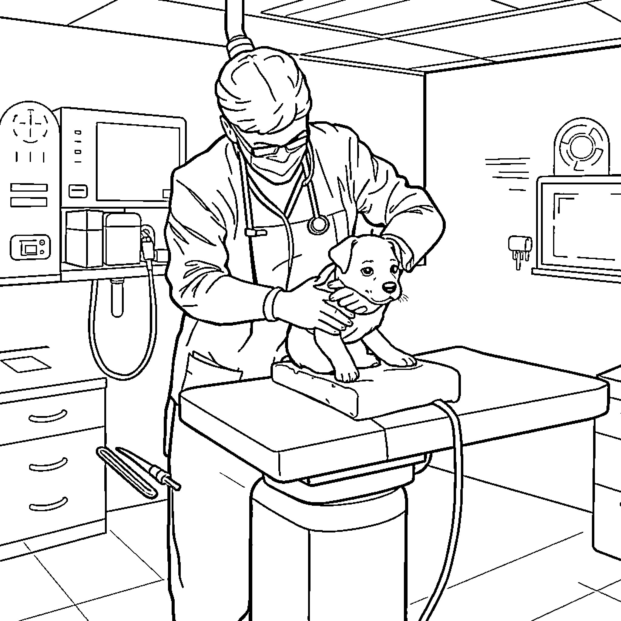 Veterinarian examining a pet in the clinic Coloring Page (free black-and-white line drawing printable PDF for all, from beginners to advanced learners, including children, teens, adults, and seniors)