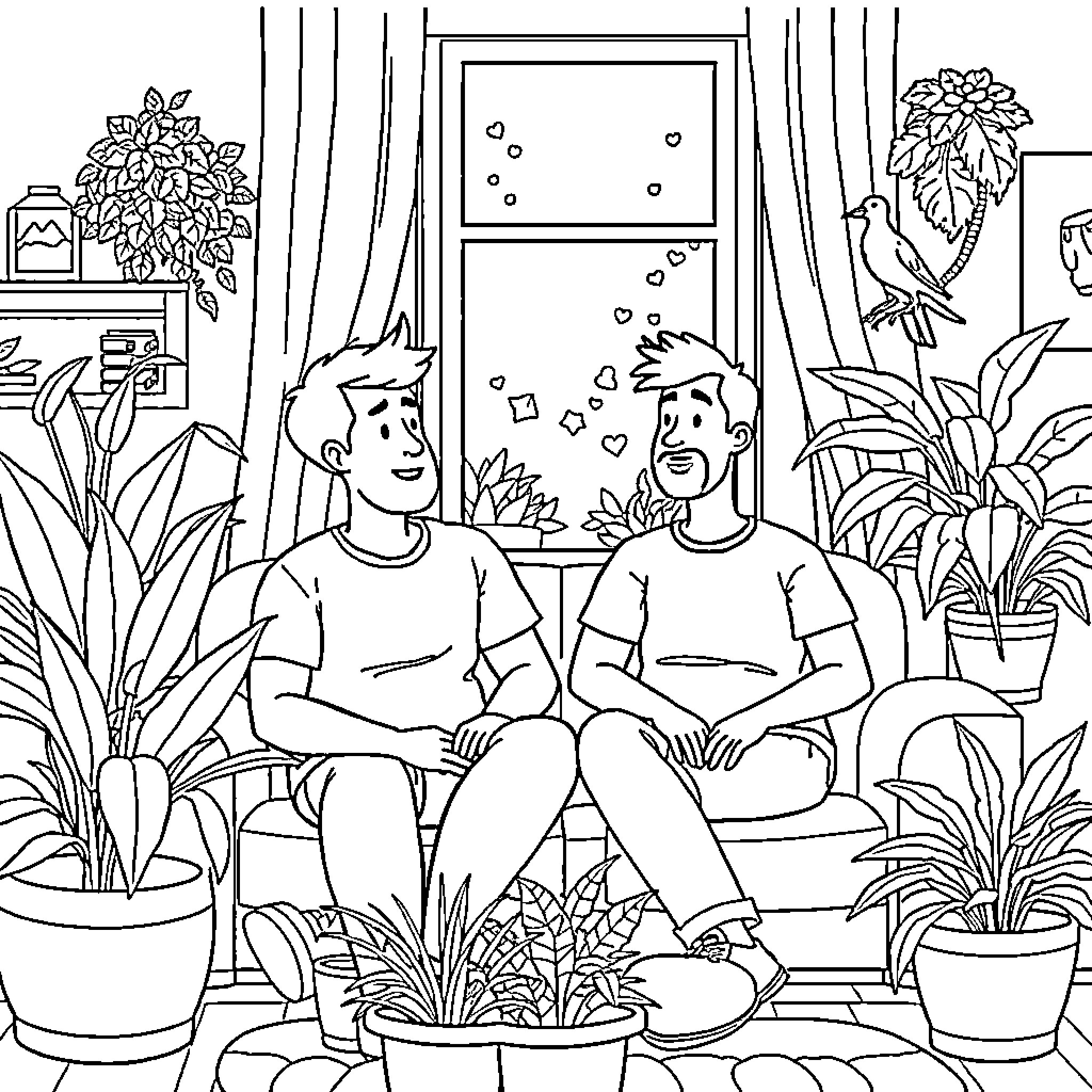 Dan and Phil enjoying a cozy indoor moment Coloring Page (free black-and-white line drawing printable PDF for all, from beginners to advanced learners, including children, teens, adults, and seniors)