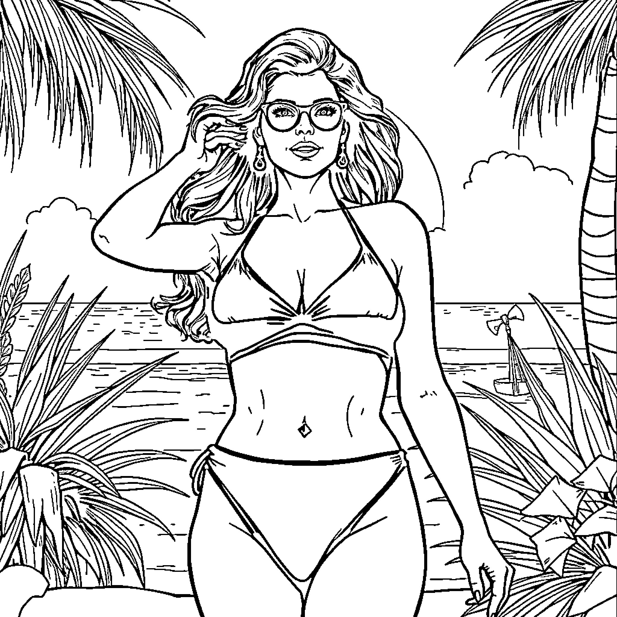 Claudia Cardinale enjoying a tropical beach vacation Coloring Page (free black-and-white line drawing printable PDF for all, from beginners to advanced learners, including children, teens, adults, and seniors)