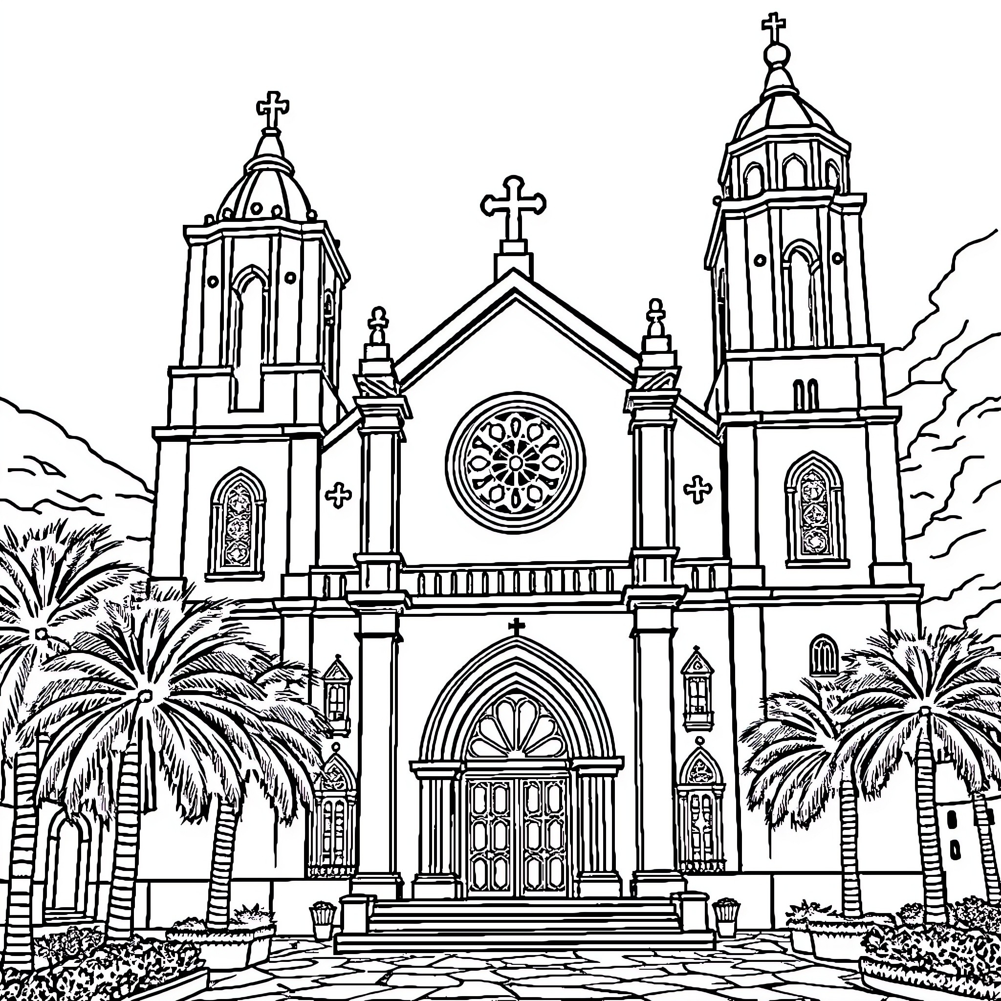 Church with Ornate Architecture and Palm Trees Coloring Page (free black-and-white line drawing printable PDF for all, from beginners to advanced learners, including children, teens, adults, and seniors)