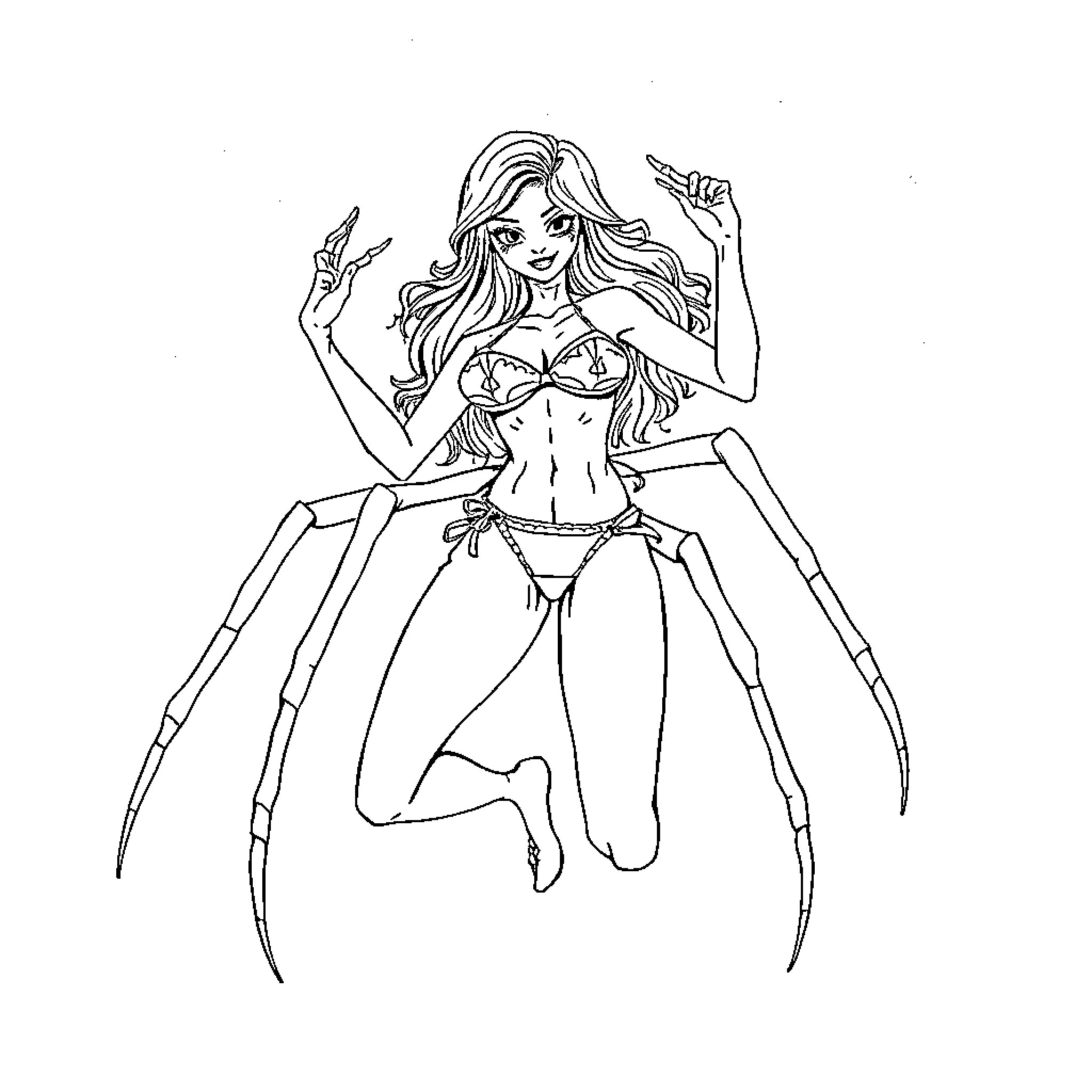 Spider Lady strikes a confident pose Coloring Page (free black-and-white line drawing printable PDF for all, from beginners to advanced learners, including children, teens, adults, and seniors)