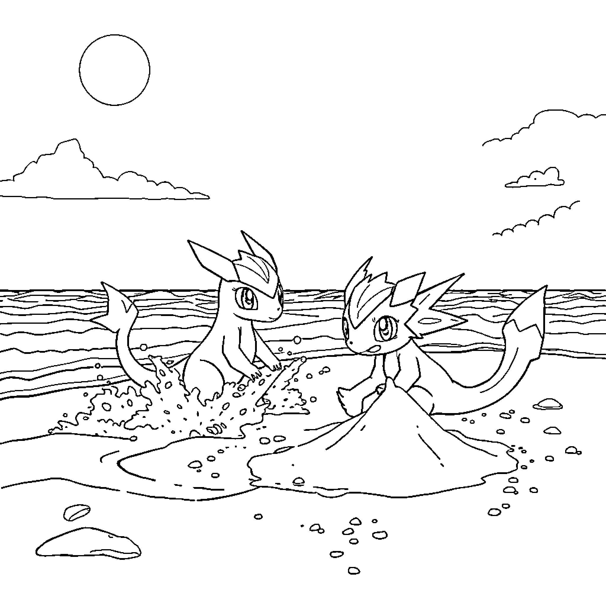 Digimon characters playing on the beach Coloring Page (free black-and-white line drawing printable PDF for all, from beginners to advanced learners, including children, teens, adults, and seniors)